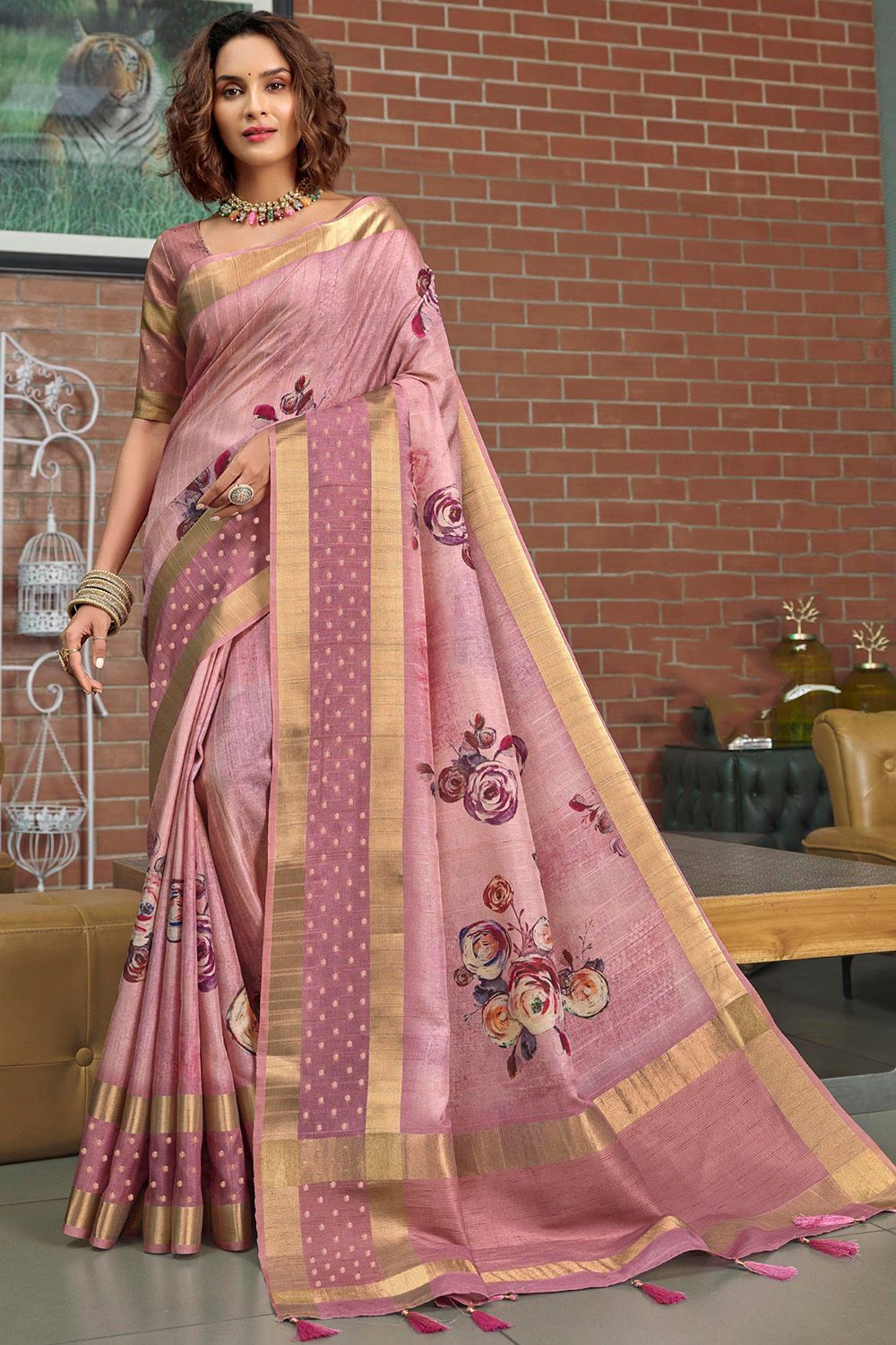 Pink Printed Silk Saree