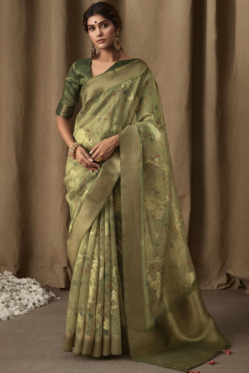Sage Green Banarasi Tissue Jacquard Saree