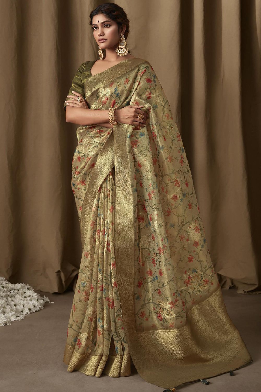 Greenish Gold Banarasi Tissue Jacquard Saree