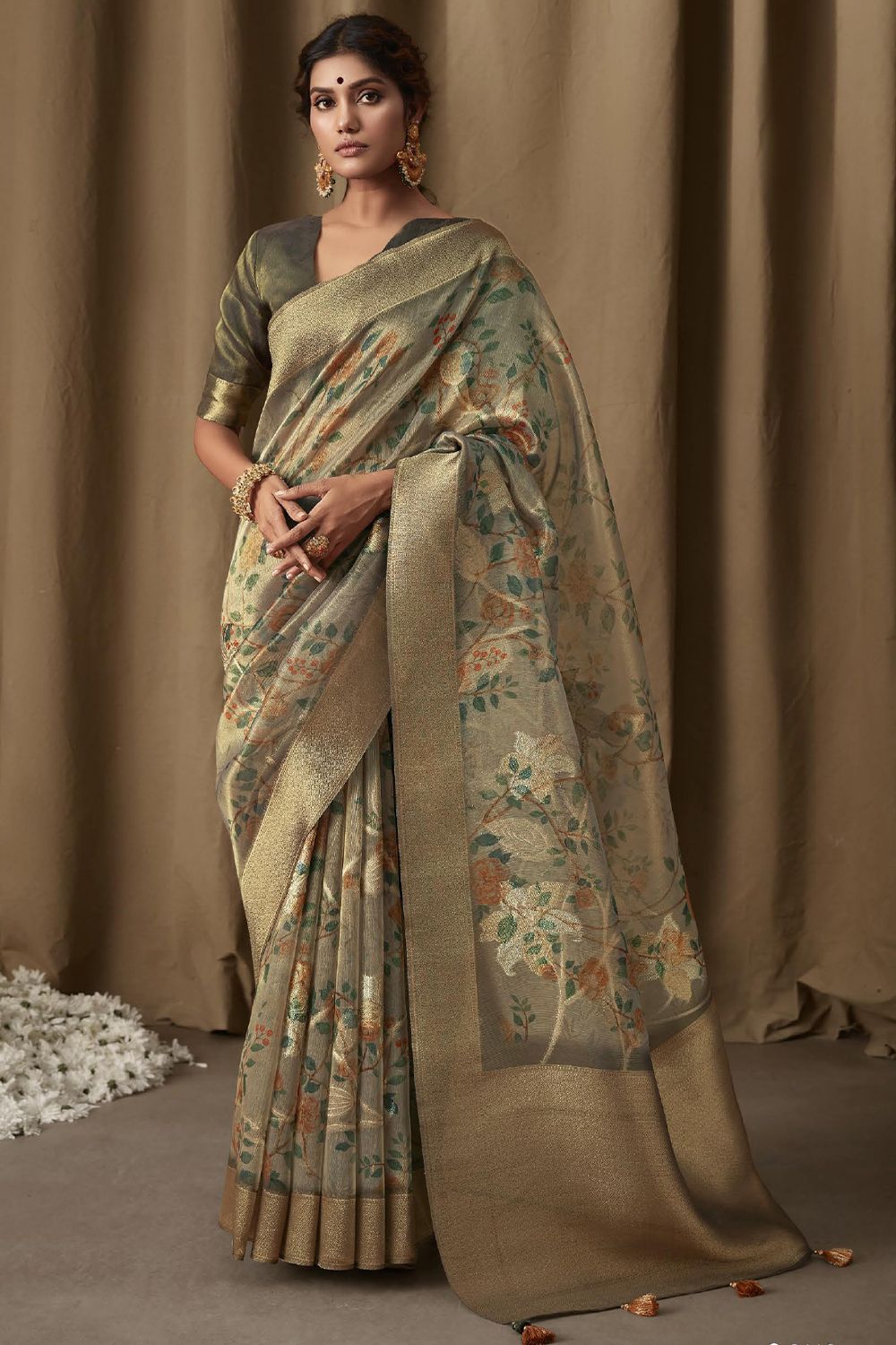 Dusty Green Banarasi Tissue Jacquard Saree
