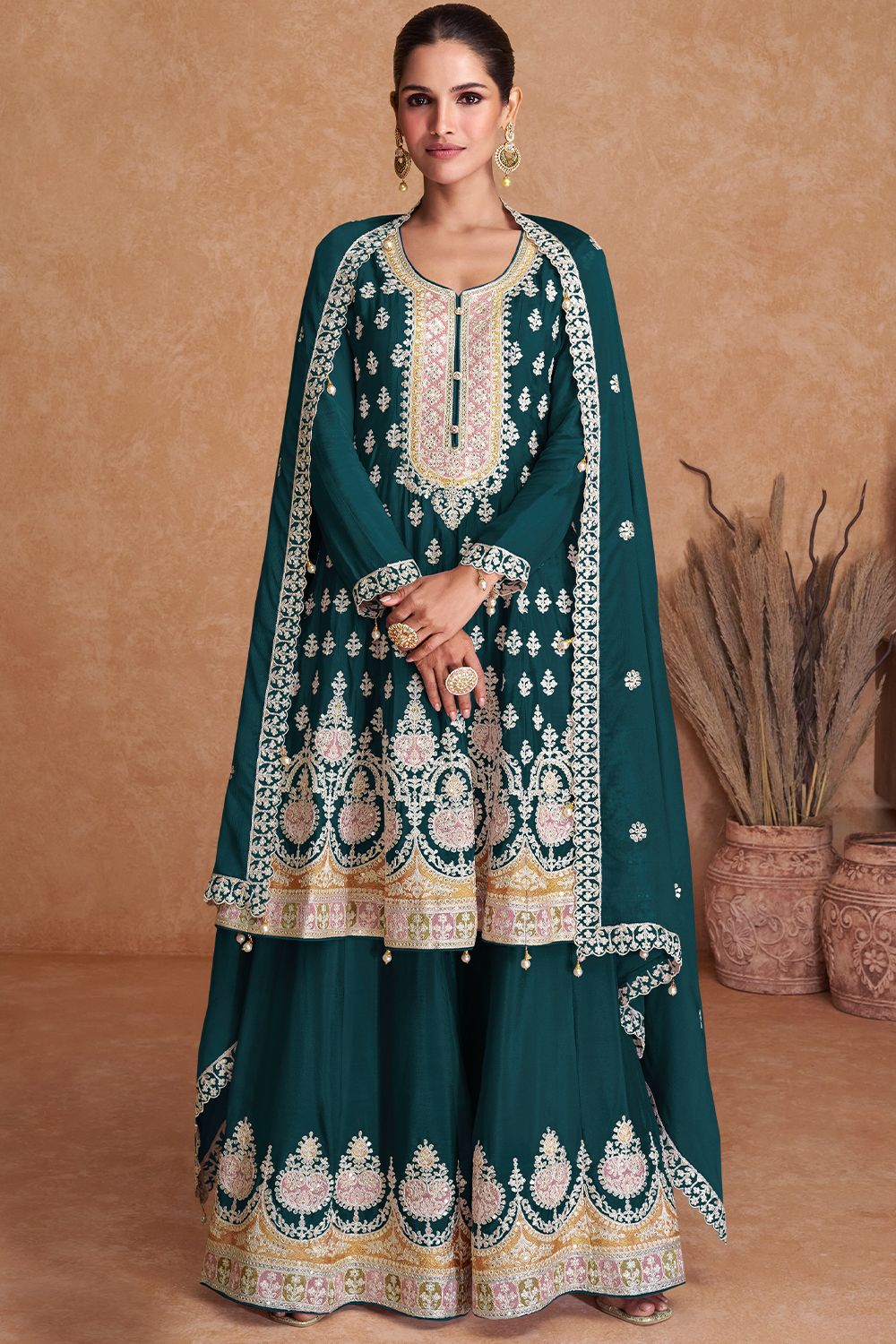 Green Chinon Sharara Suit