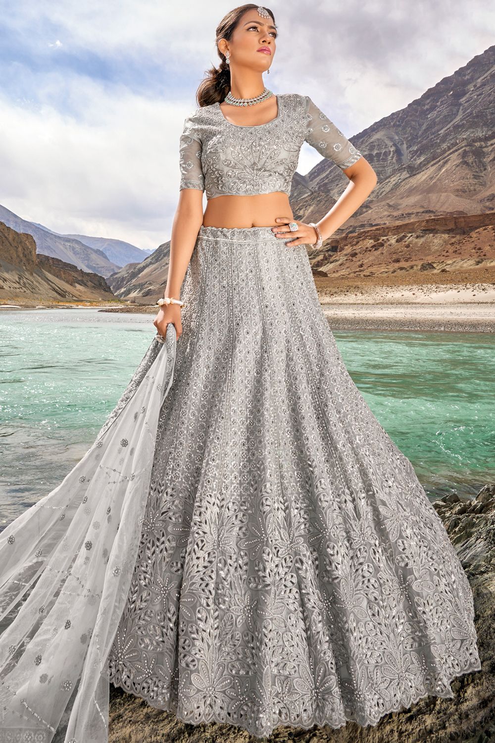 Silver Heavy Net Lehenga Choli With Mirror Work