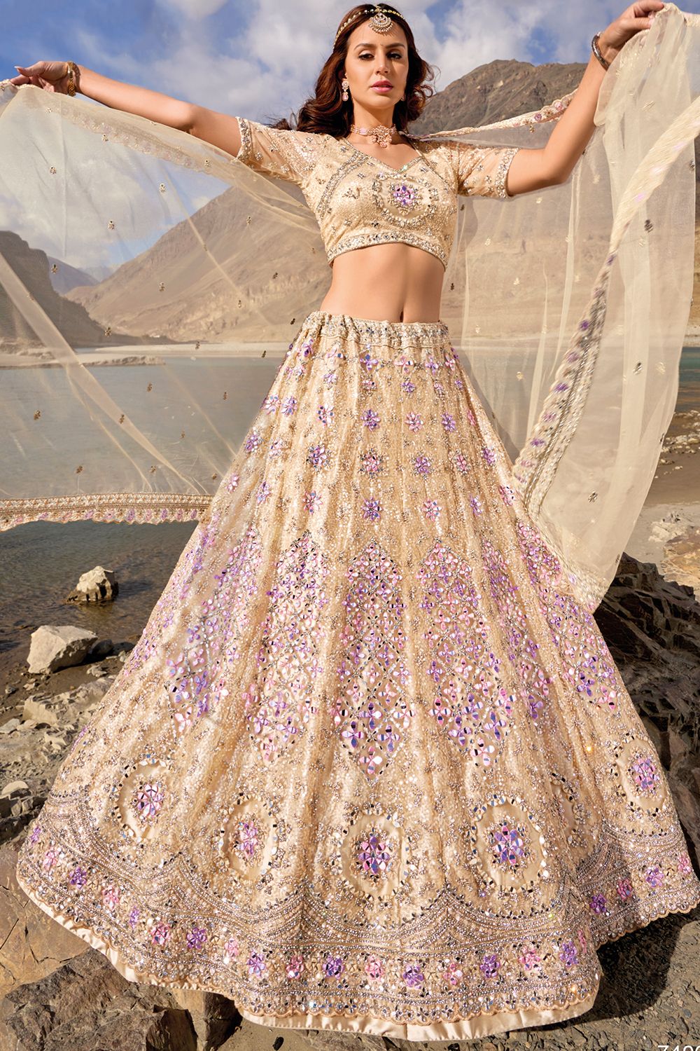 Cream Heavy Net Lehenga Choli With Mirror Work