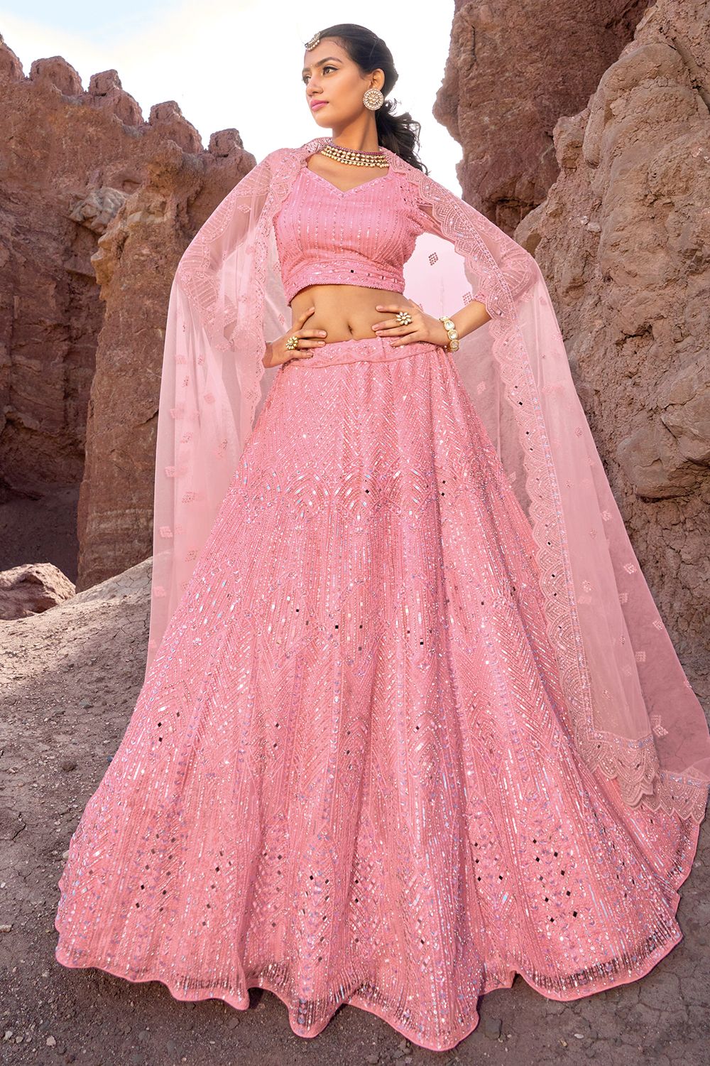 Coral Pink Heavy Net Lehenga Choli With Mirror Work