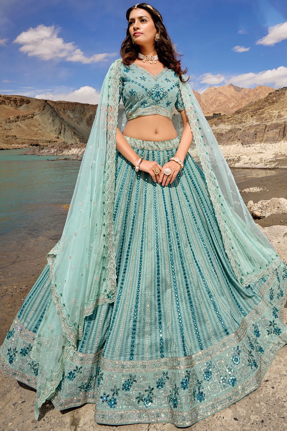 Sea Green Heavy Net Lehenga Choli With Mirror Work