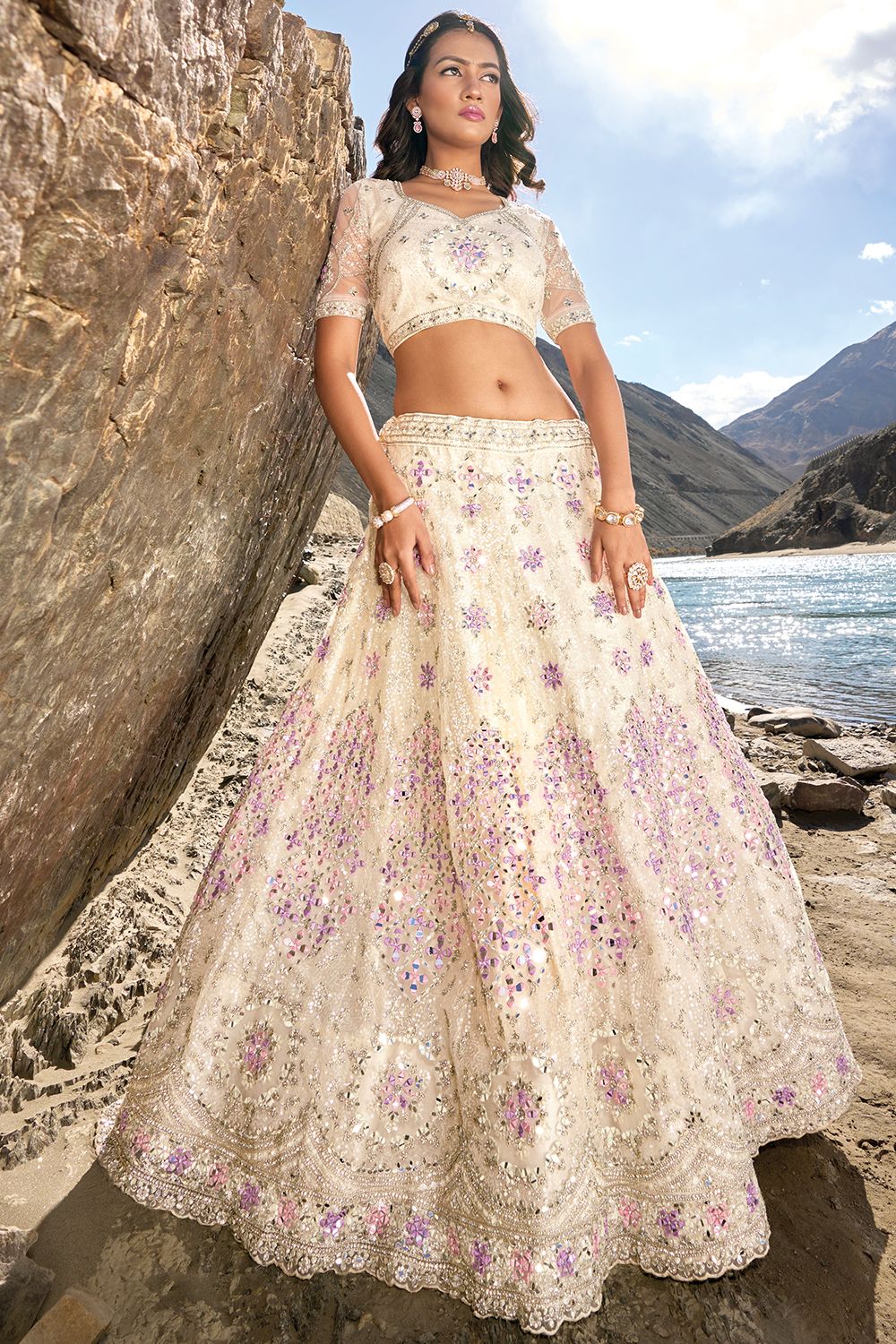 White Heavy Net Lehenga Choli With Mirror Work