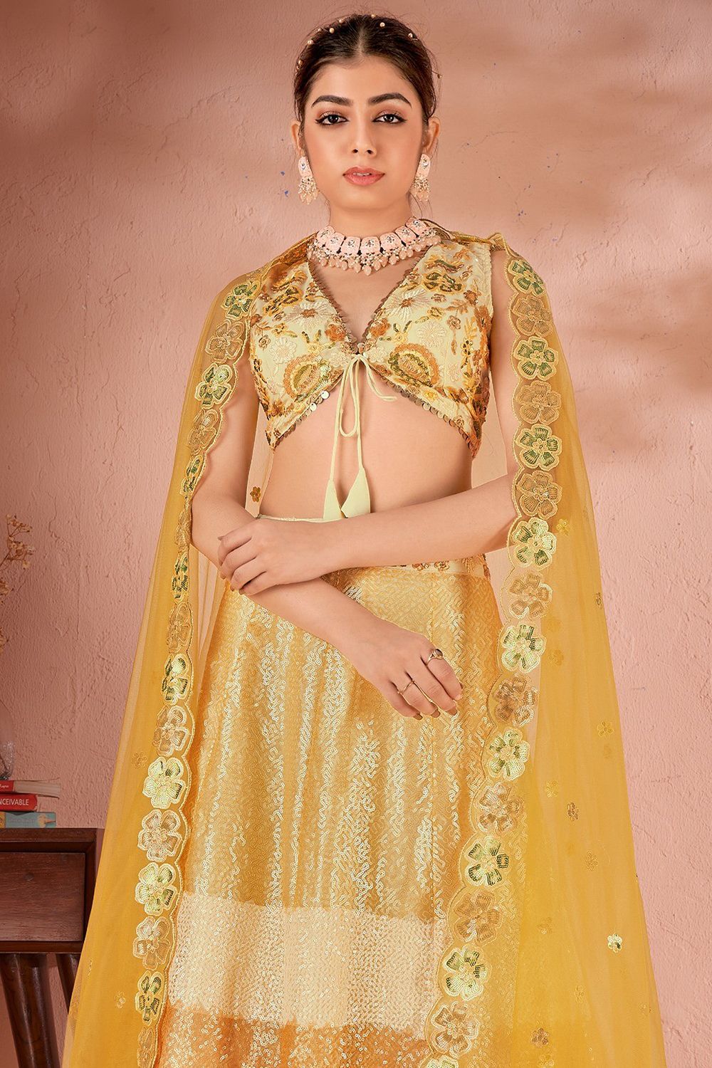 Yellow Lehenga Choli With Butti Work in Net