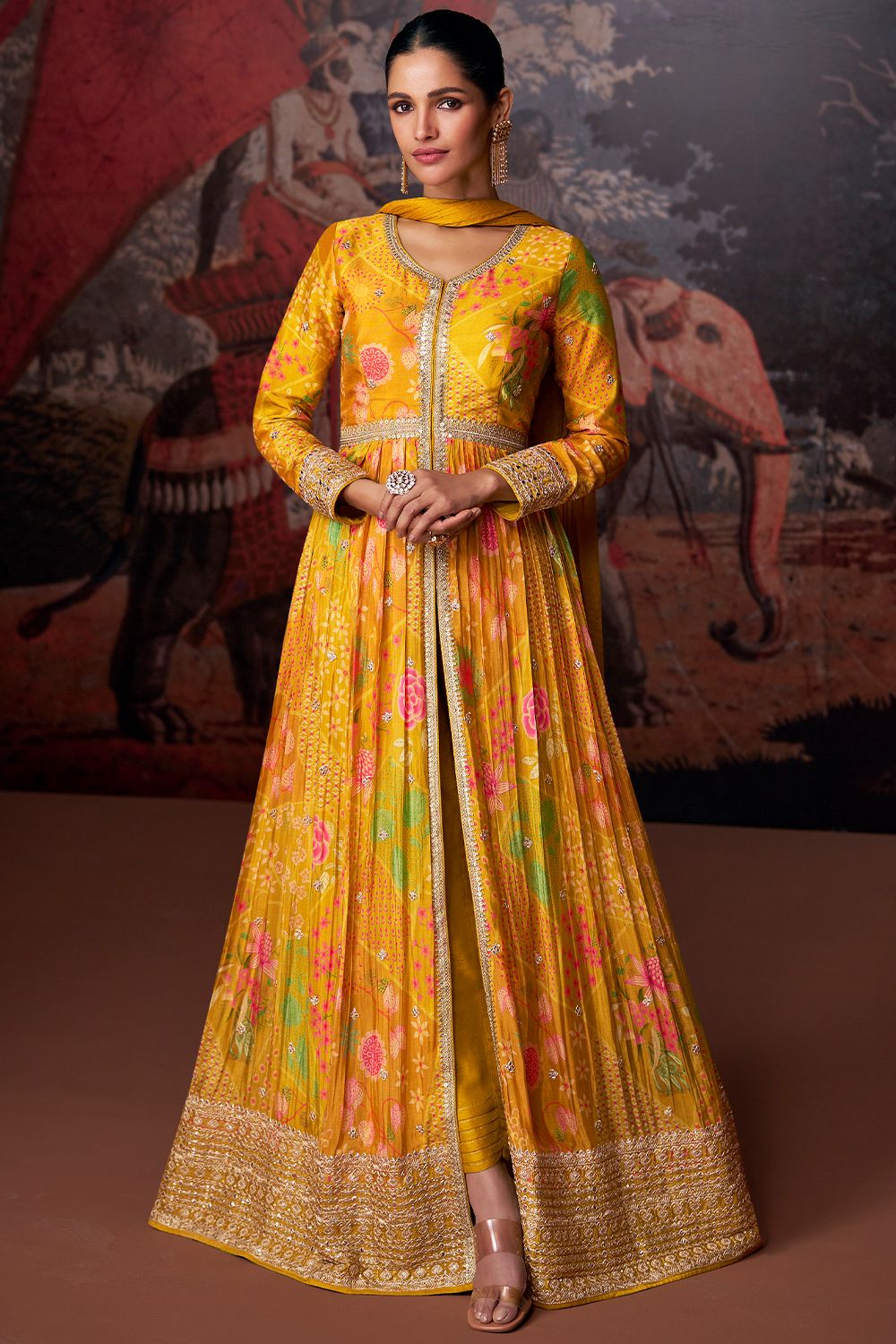 Yellow Fancy Silk Anarkali Suit With Zari