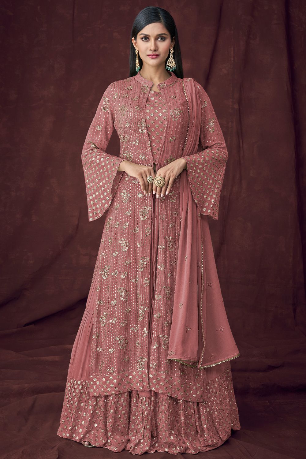 Salmon Pink Georgette Embroidered Sharara Suit