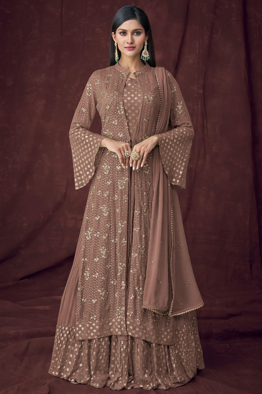 Pastel Brown Georgette Embroidered Sharara Suit
