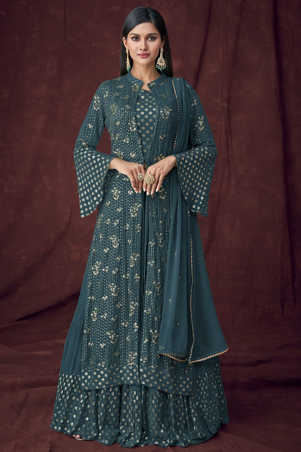 Teal Blue Georgette Embroidered Sharara Suit