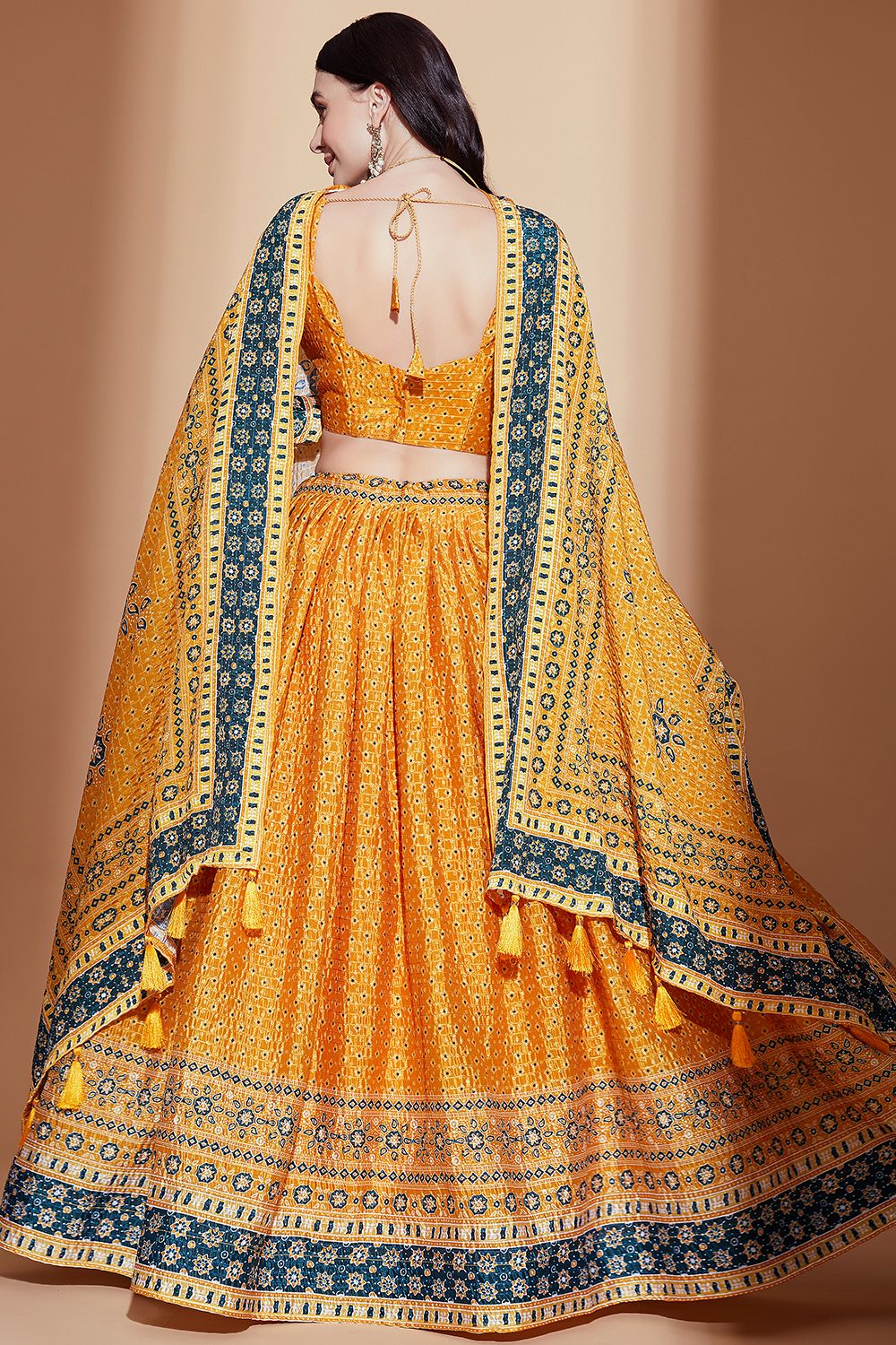 Yellow Chinon Lehenga Choli With Embroidery And Digital Print Work