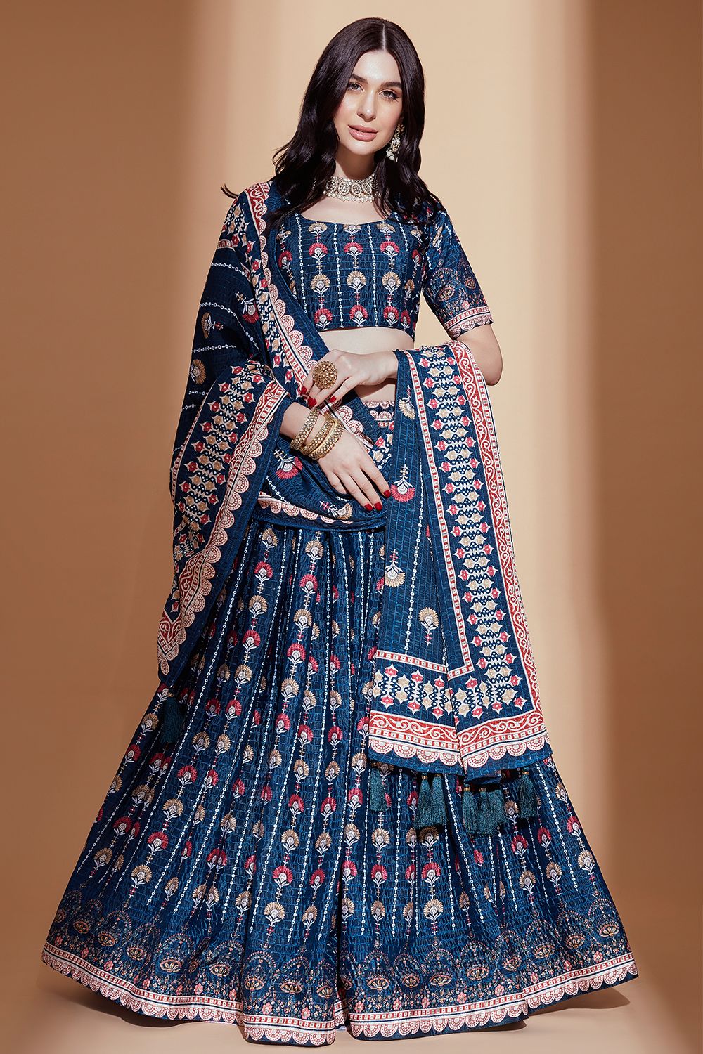Navy Blue Chinon Lehenga Choli With Embroidery And Digital Print Work