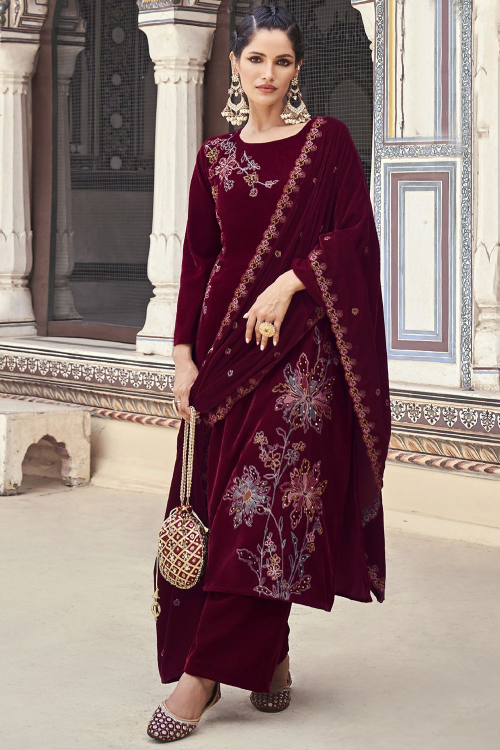 Maroon Velvet Salwar Kameez With Embroidery