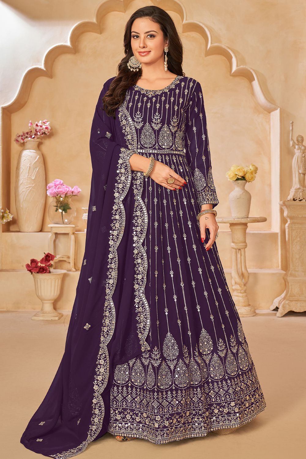 Purple Faux Georgette Anarkali Suit Set With Heavy Embroidery