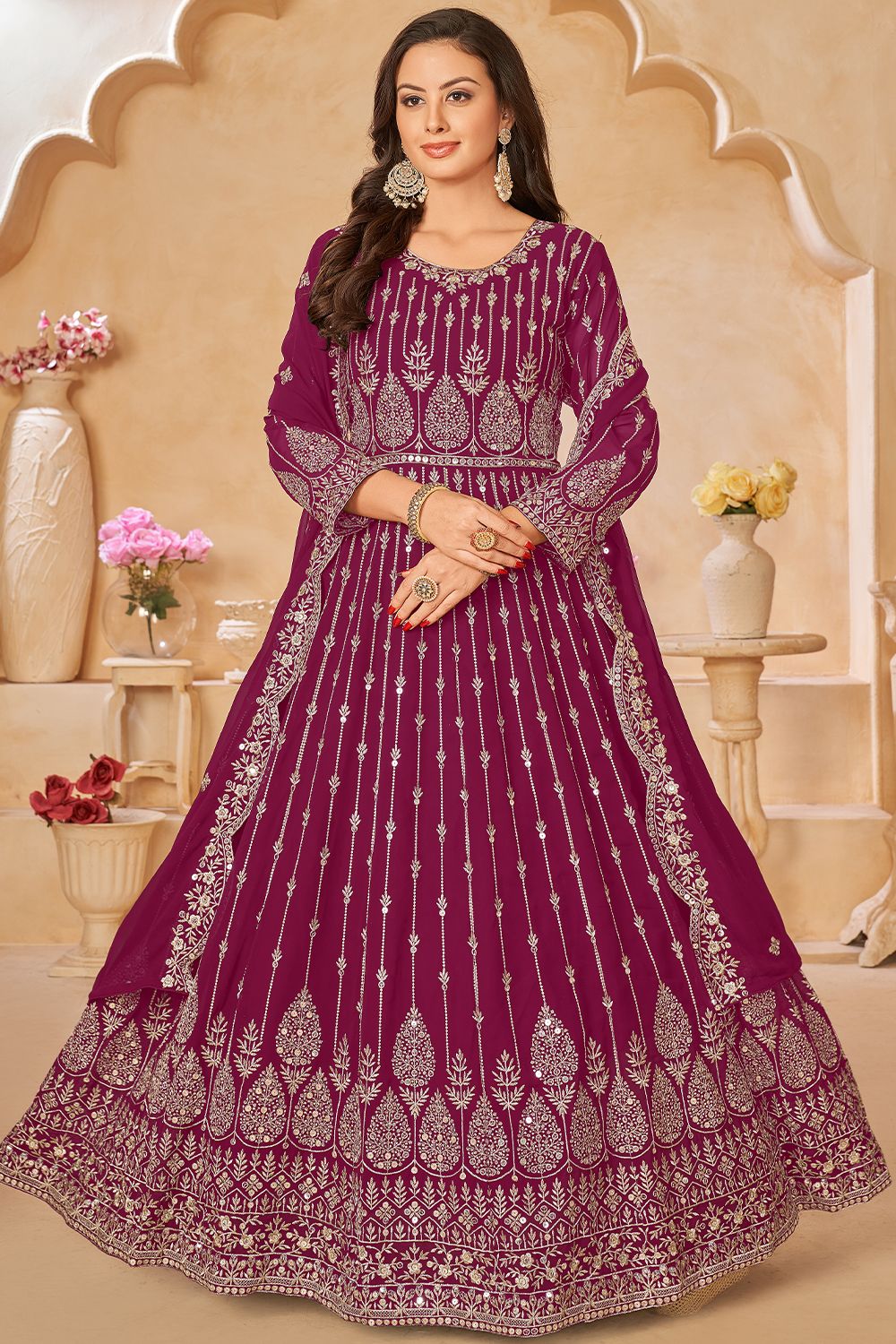 Maroon Faux Georgette Anarkali Suit Set With Heavy Embroidery