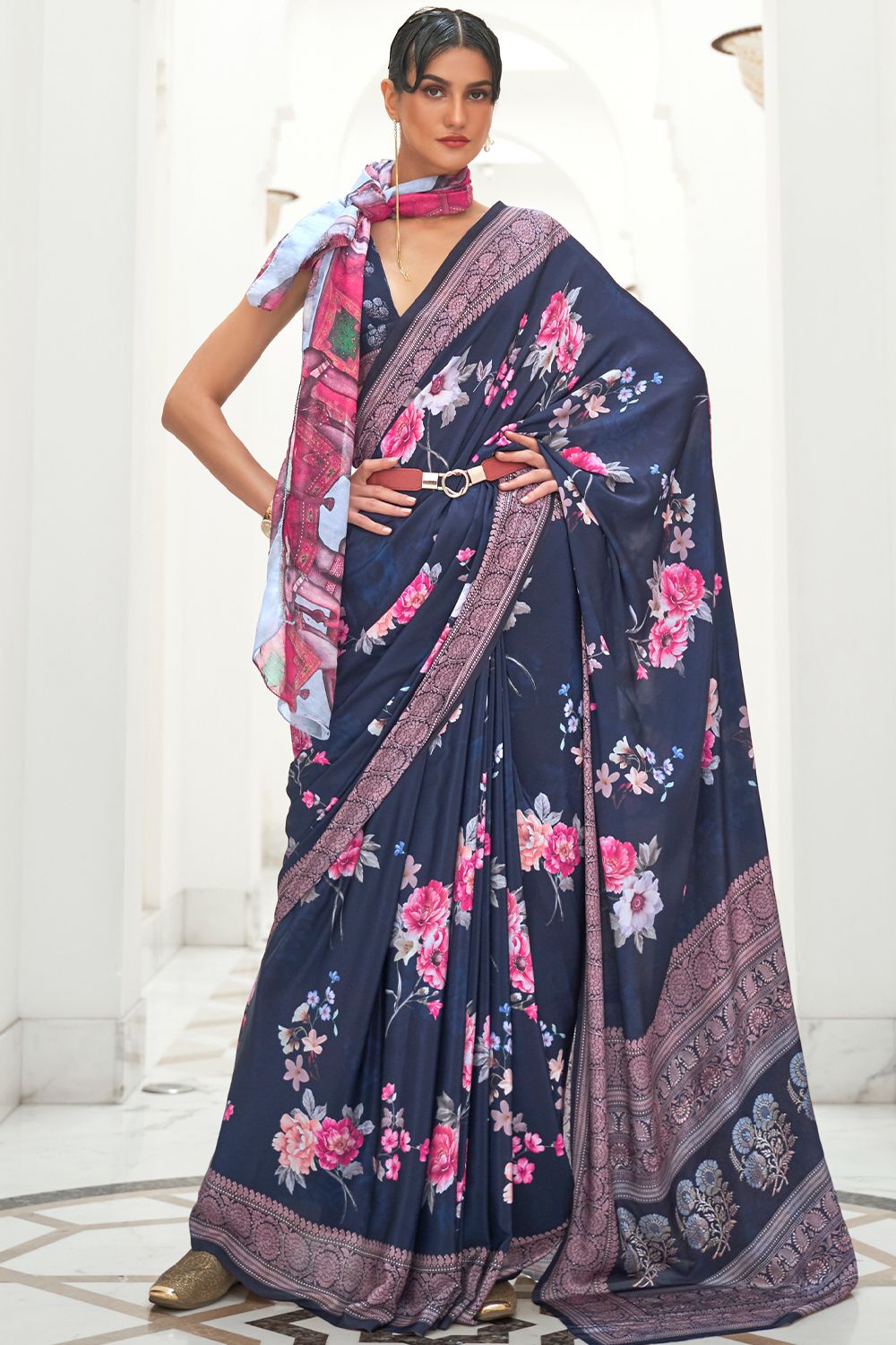 Navy Blue Saree in Silk Crepe