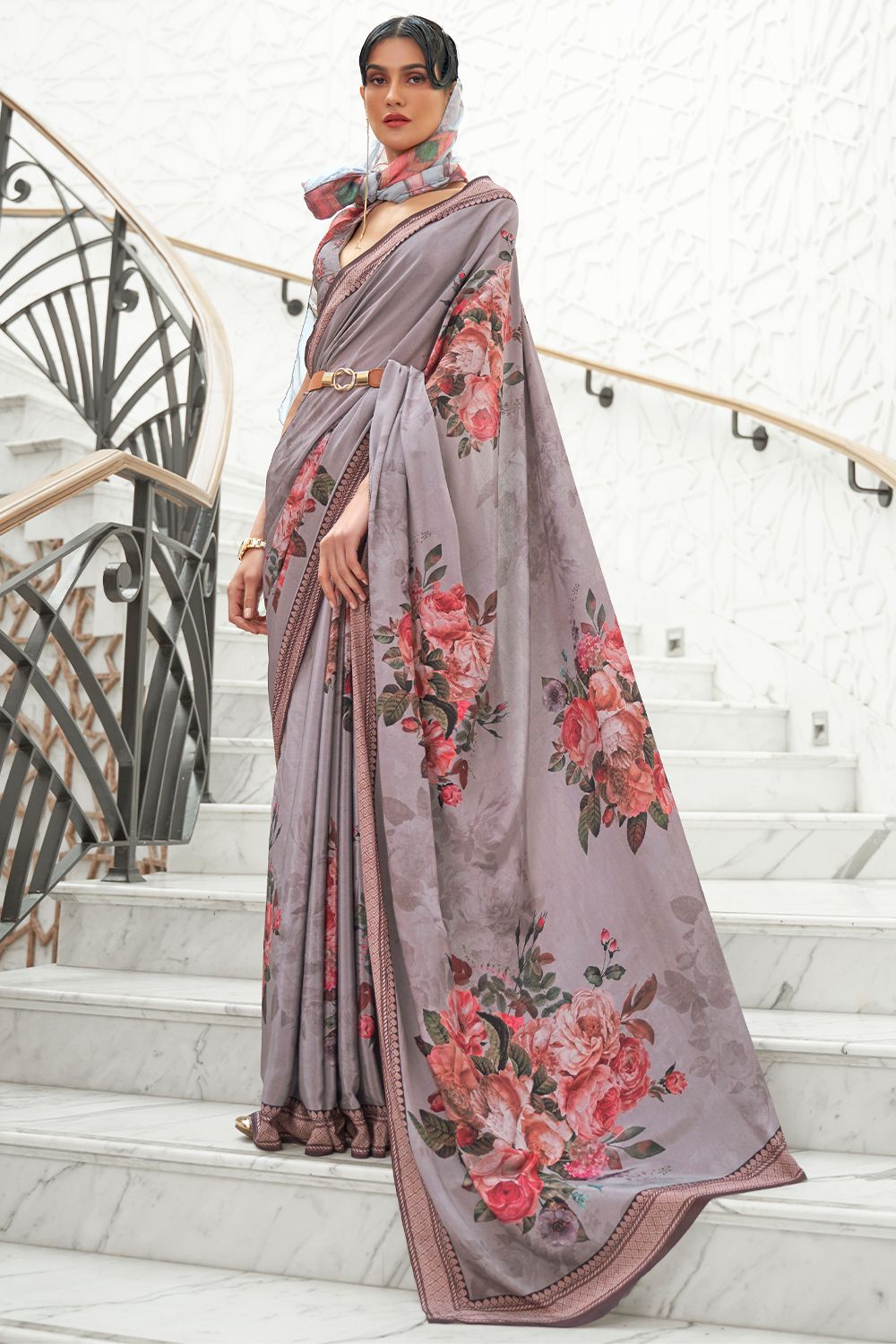 Lilac Saree in Silk Crepe