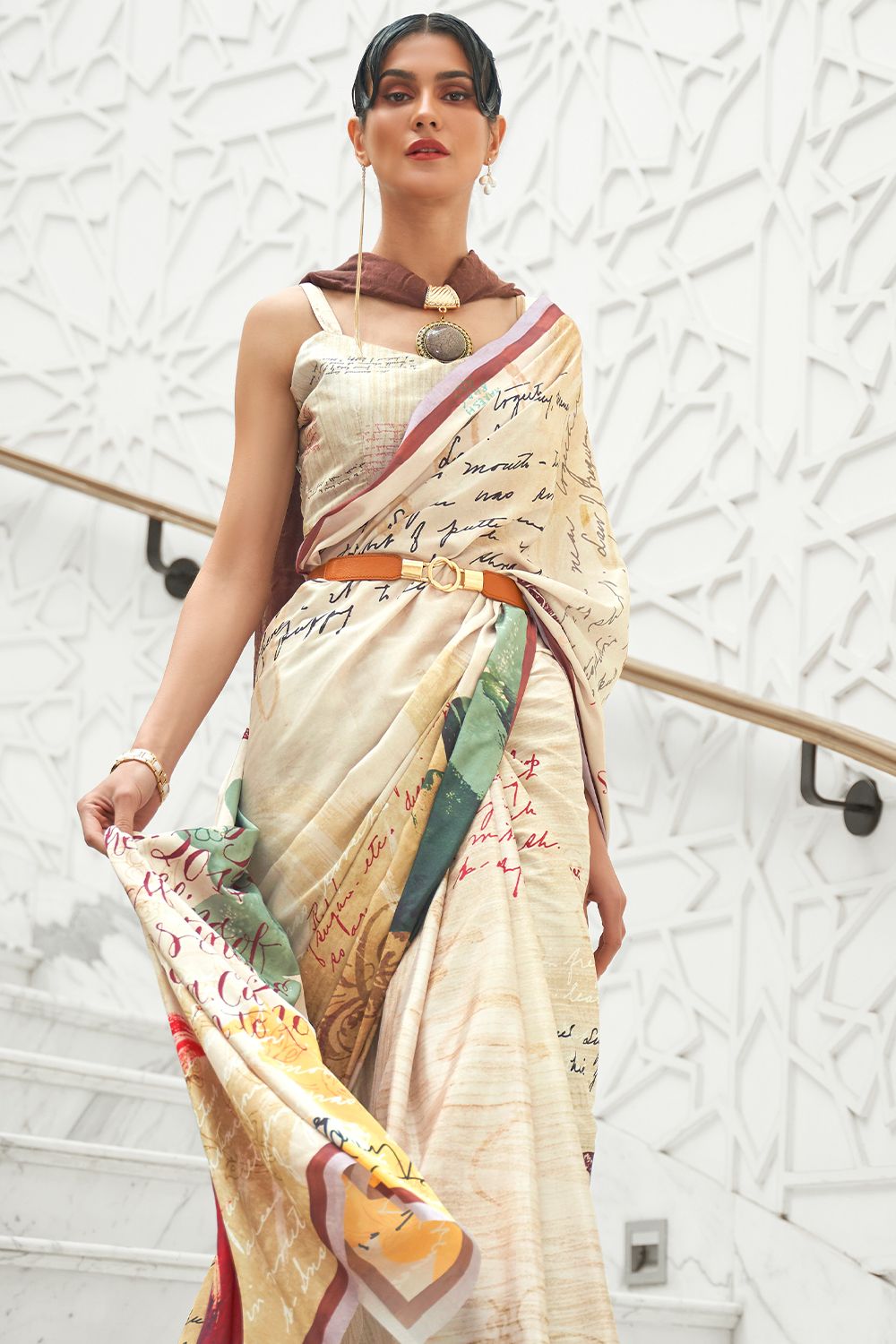 Cream Saree in Silk Crepe