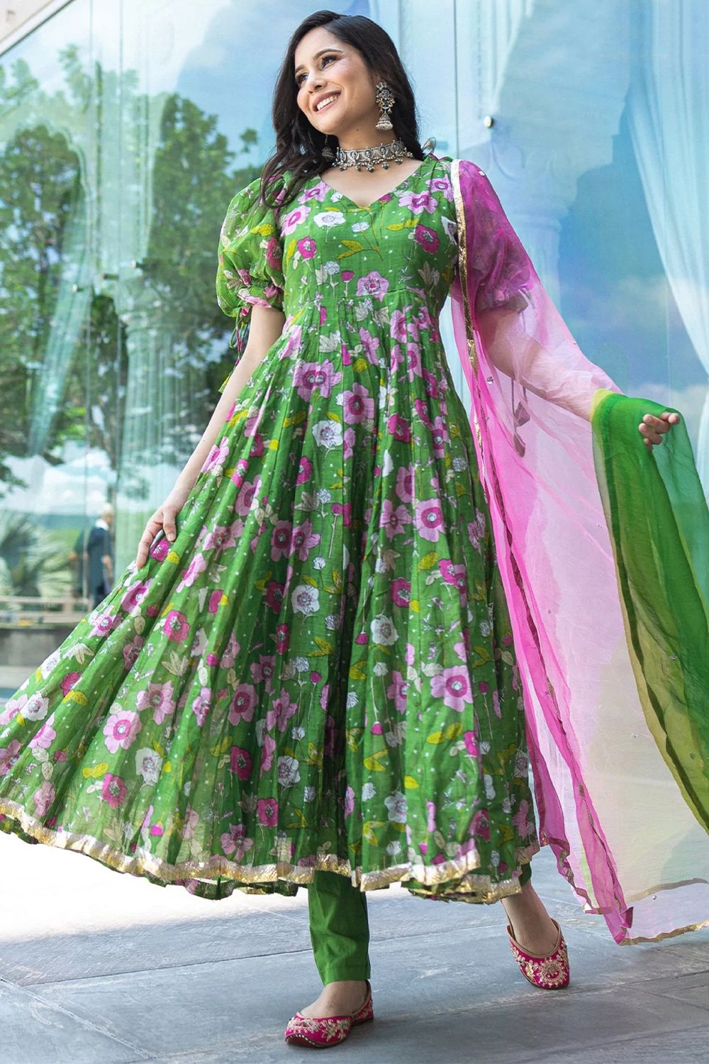 Green Anarkali Suit in Soft Chanderi Silk