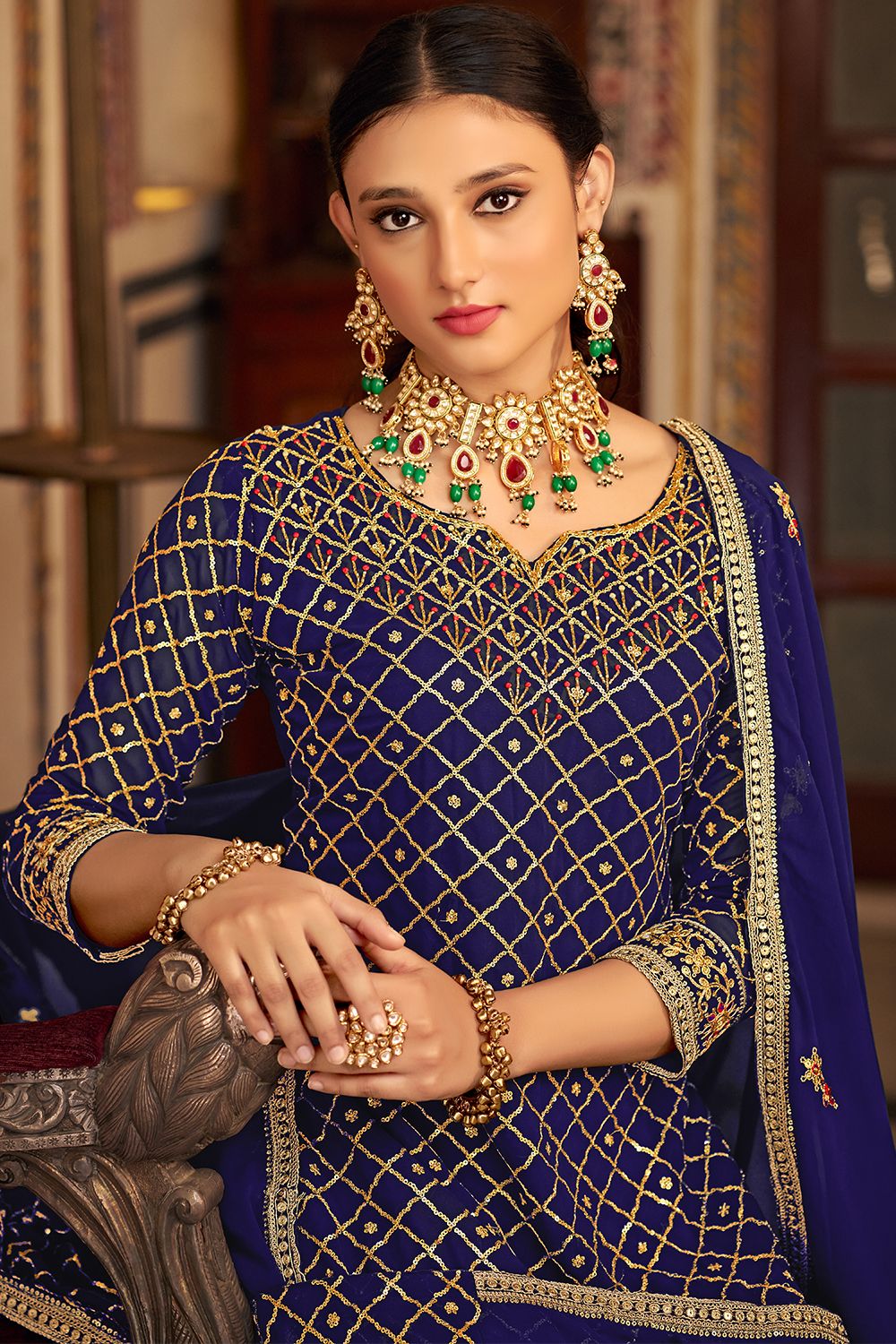 Navy Blue Chinnon Sharara Suit With Heavy Embroidered