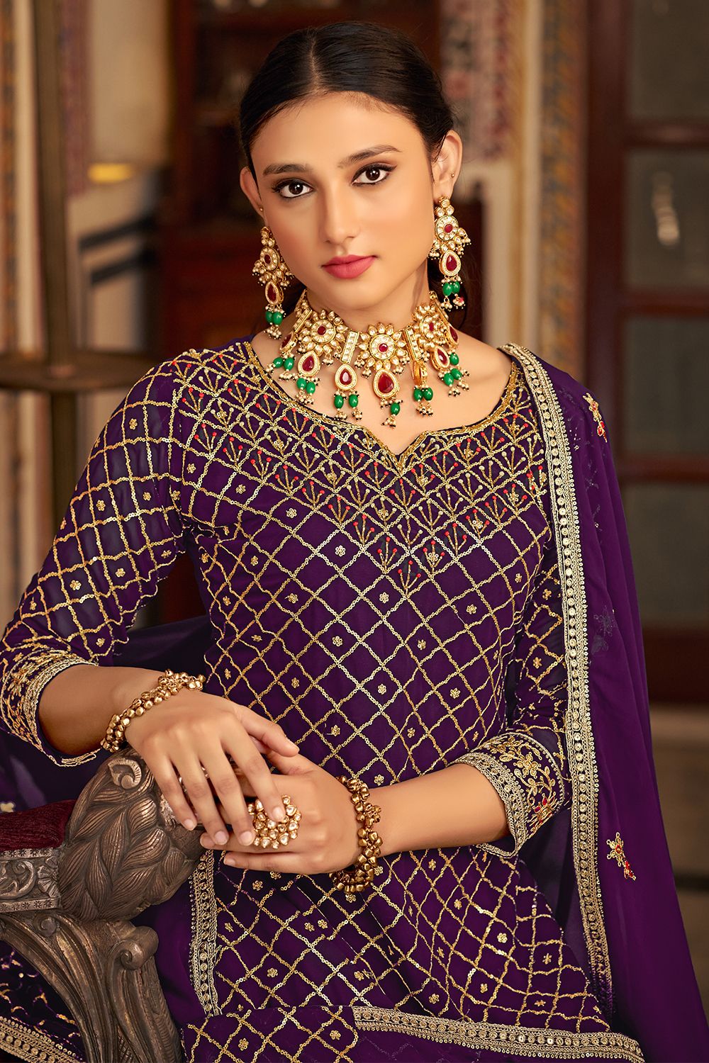 Purple Chinnon Sharara Suit With Heavy Embroidered