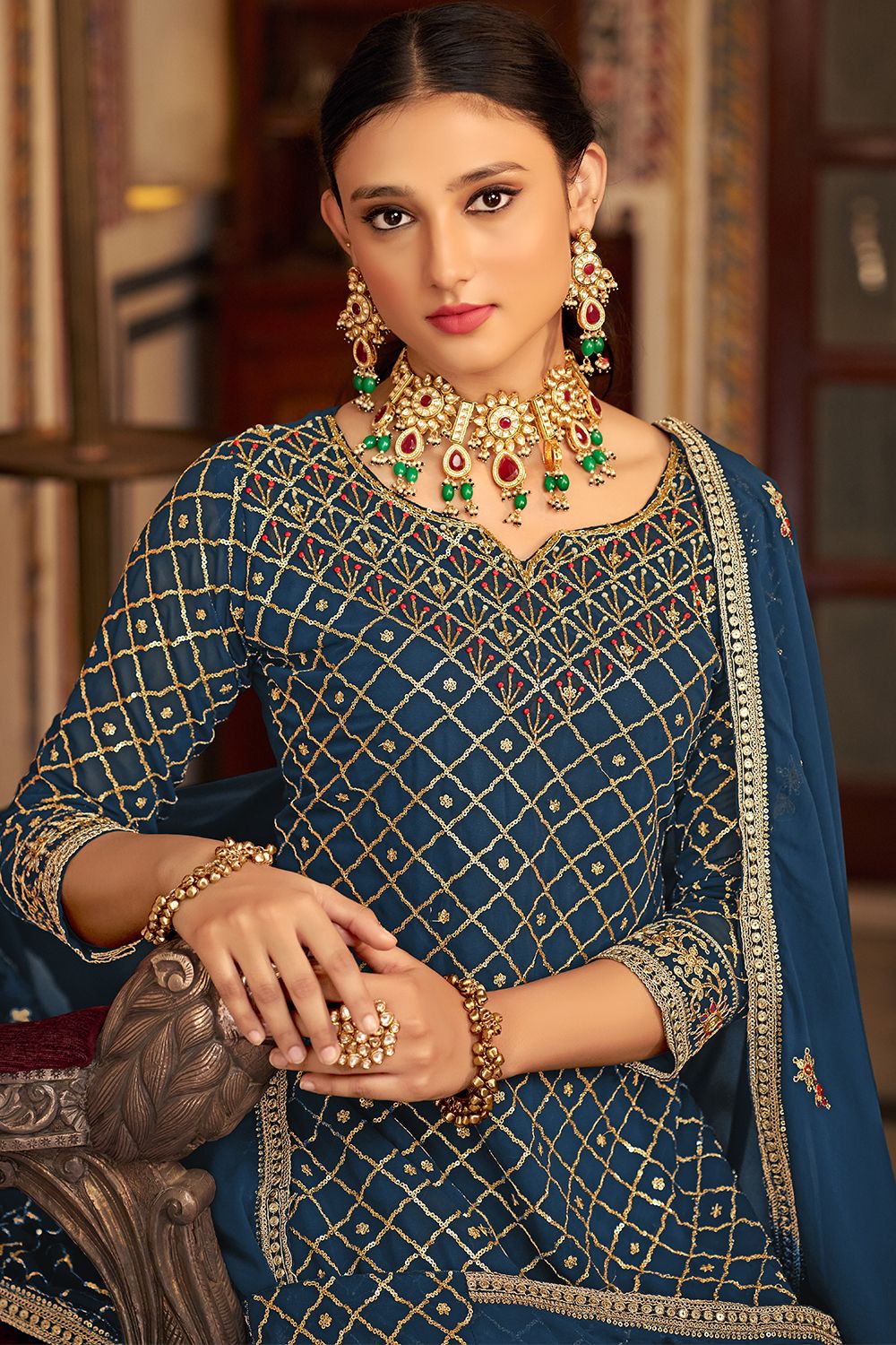 Blue Chinnon Sharara Suit With Heavy Embroidered