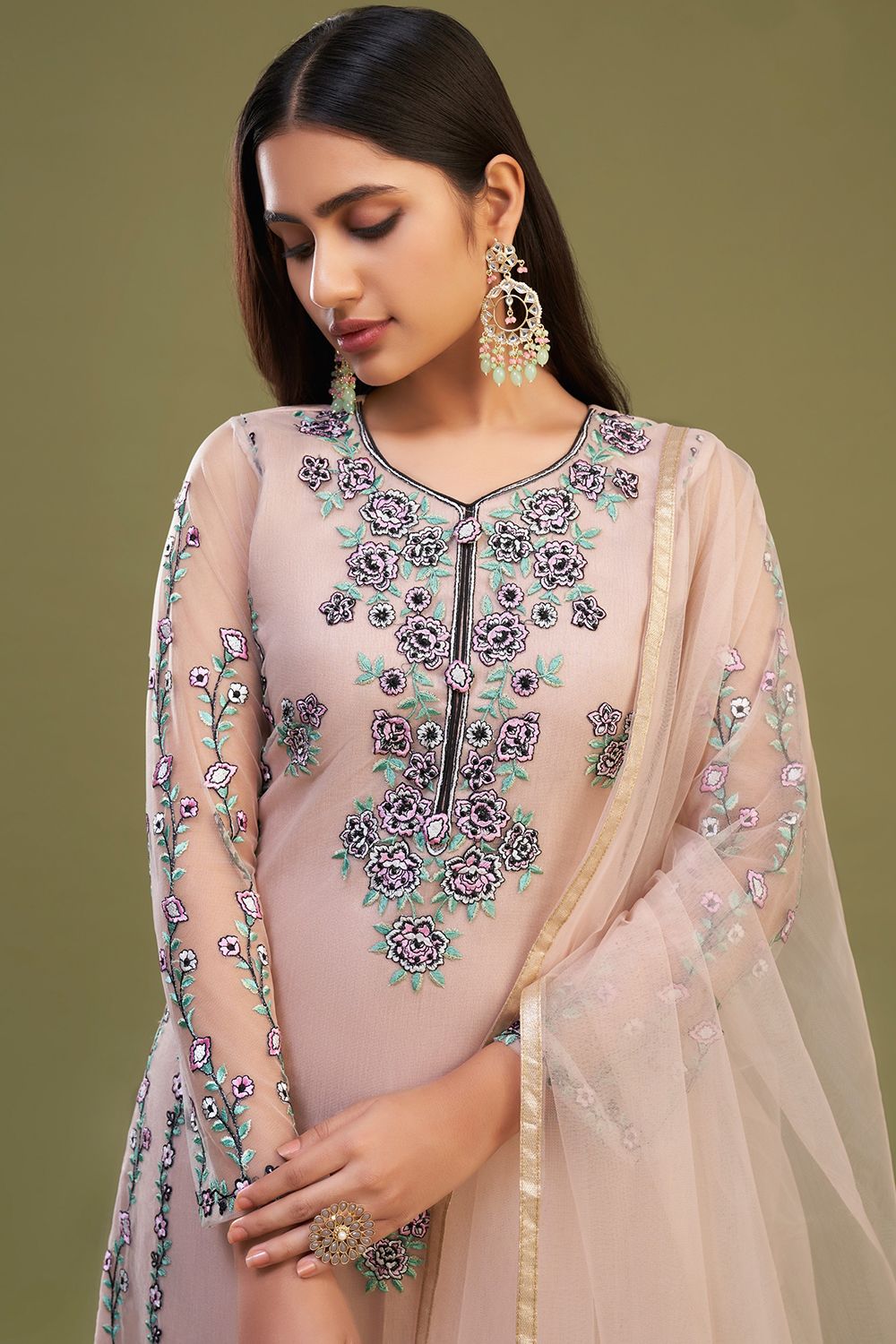 Pastel Blush Kurti Pant Set in Banglori Silk With Floral Embroidery