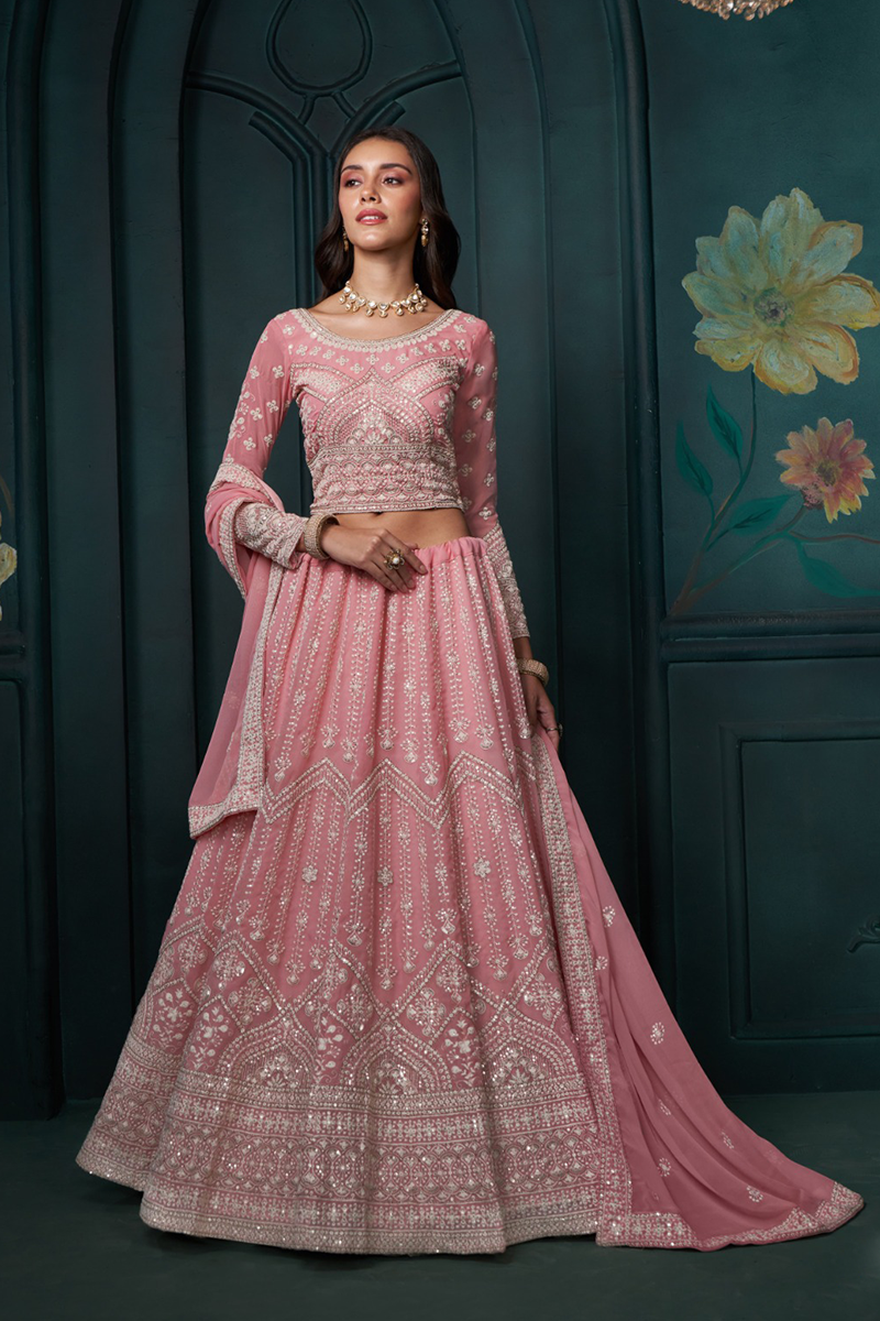 Peach Pink Zari Embroidered Silk Lehenga