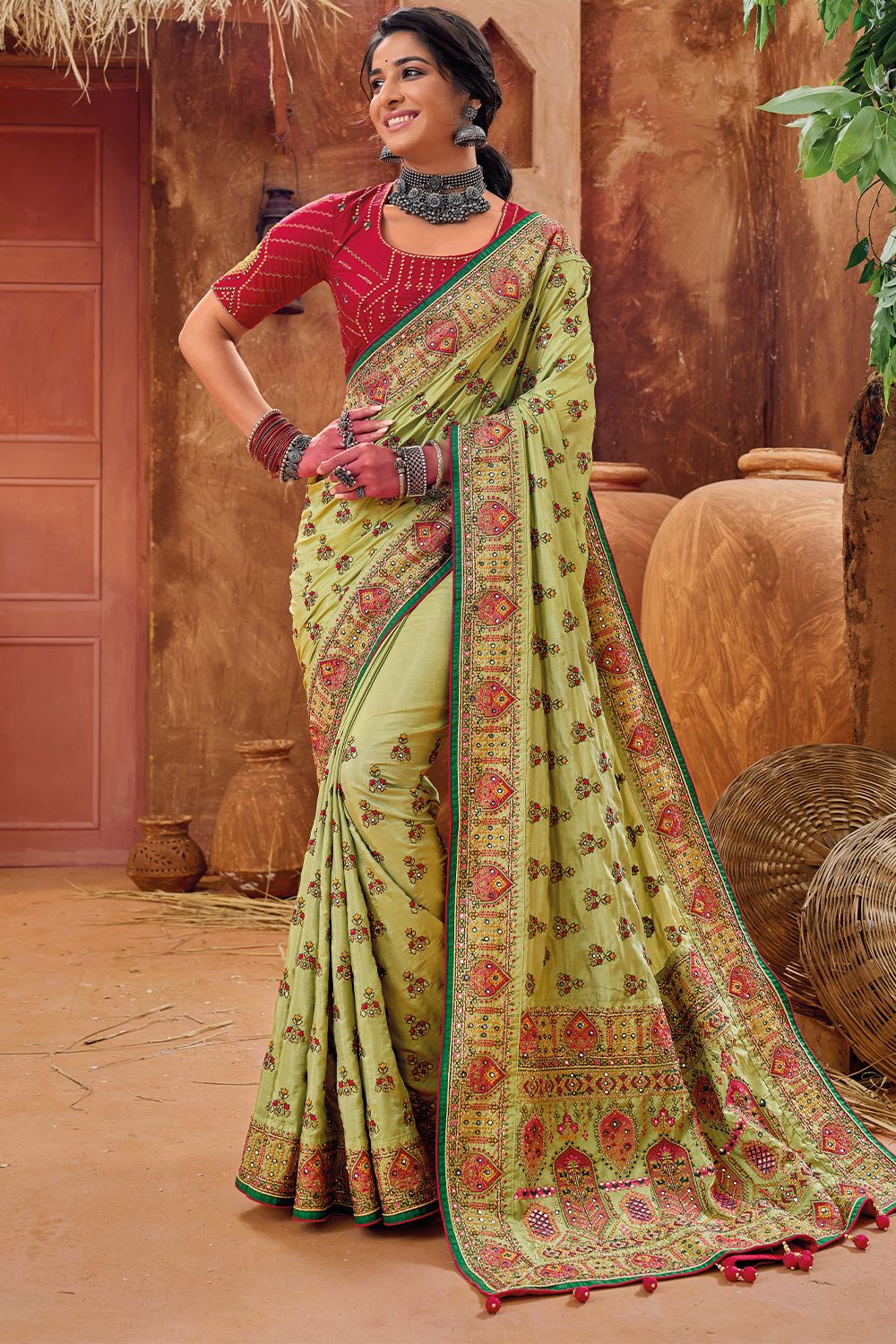 Fusion Green Silk Saree with Mirror Work