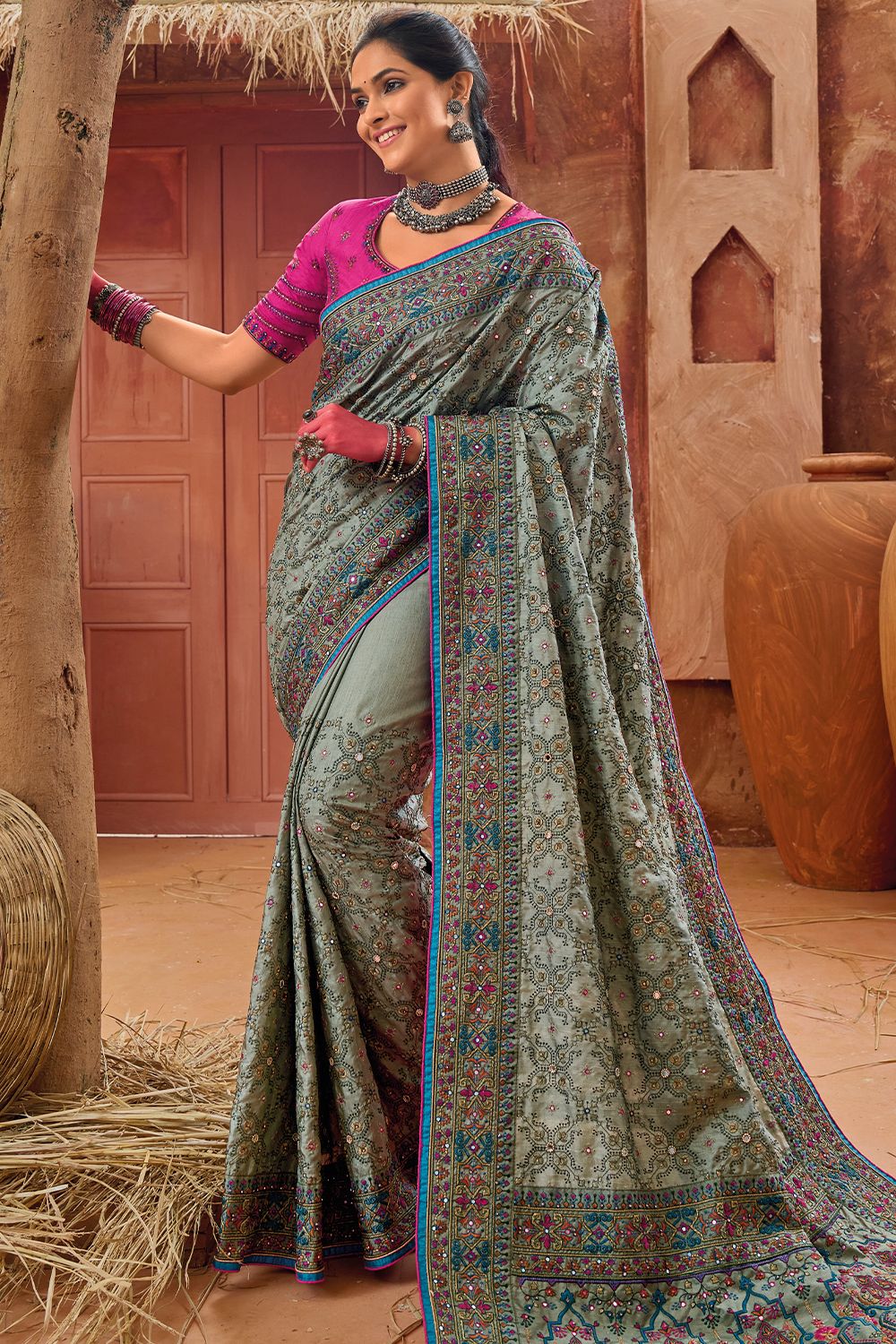 Silver Silk Saree with Mirror Work