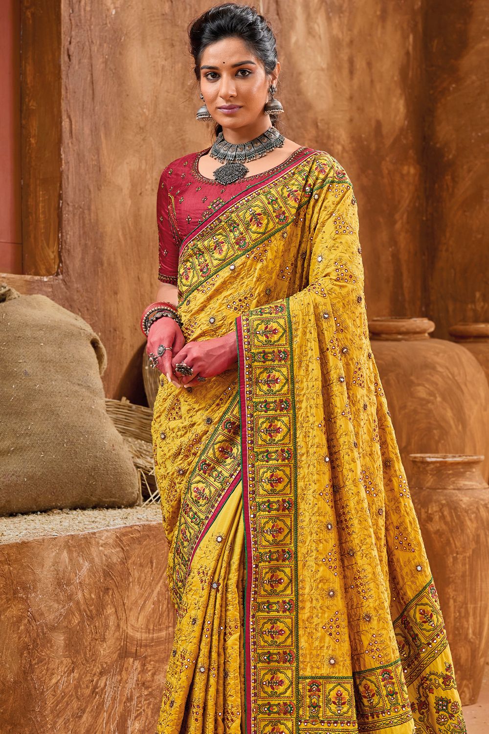 Mustard Silk Saree with Mirror Work