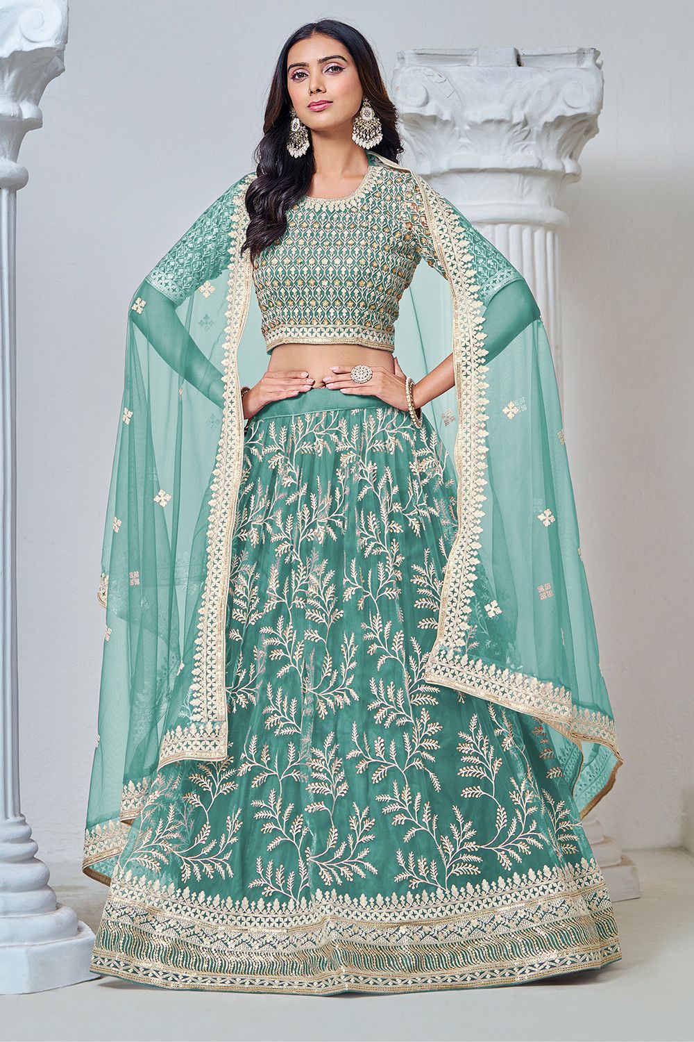 Teal Blue Embroidered Net Lehenga