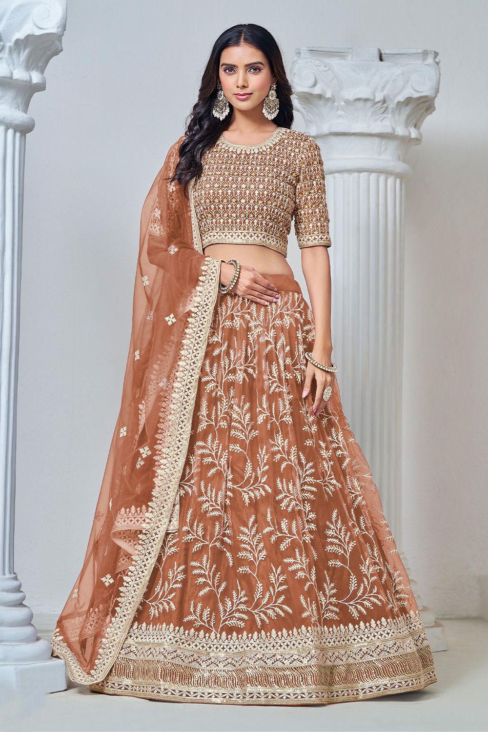 Caramel Brown Embroidered Net Lehenga