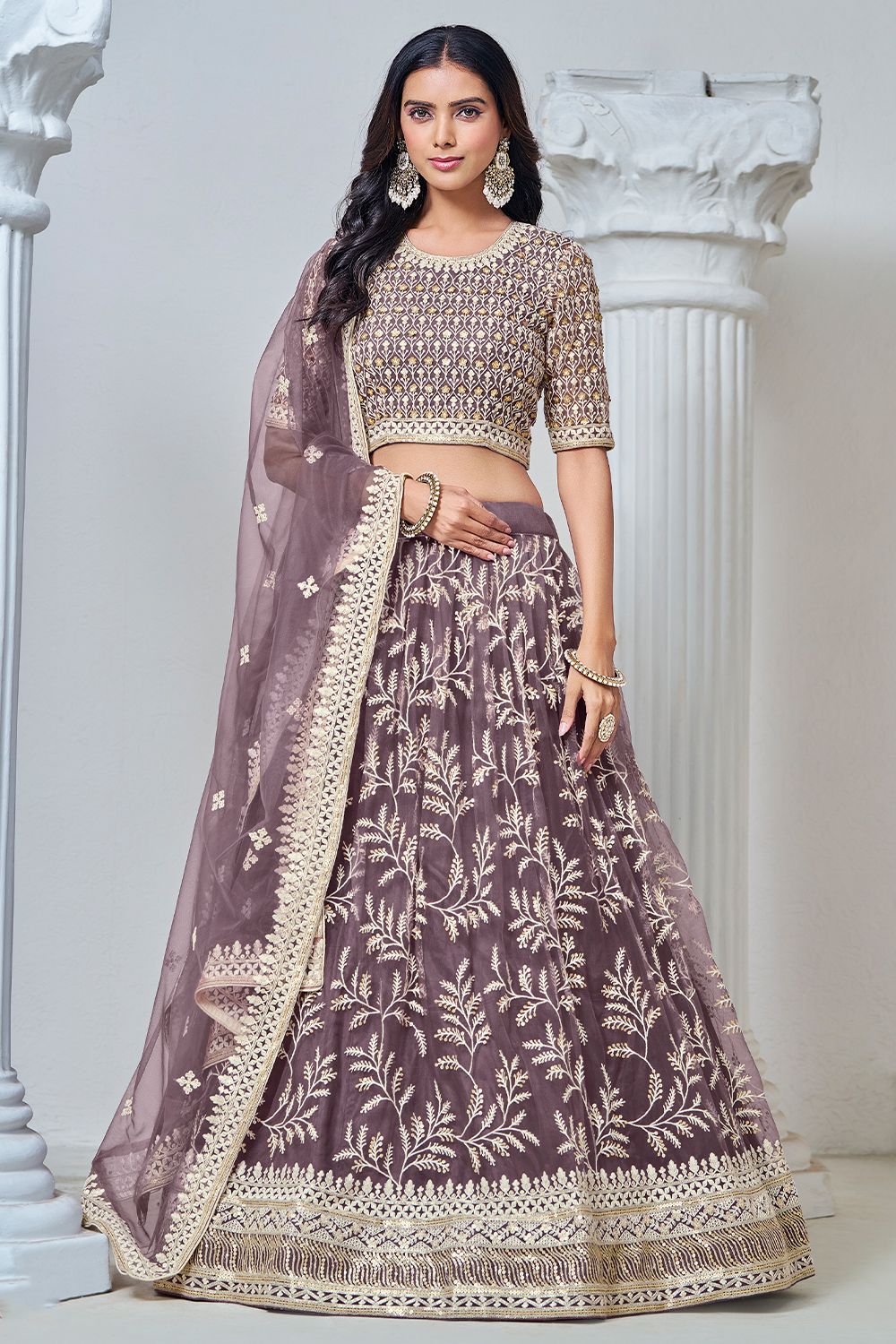 Amethyst Purple Embroidered Net Lehenga