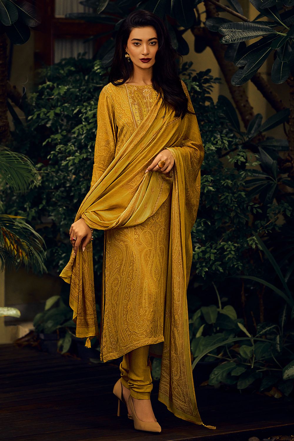 Mustard Yellow Muslin Silk Digital Printed Salwar Kameez Set 