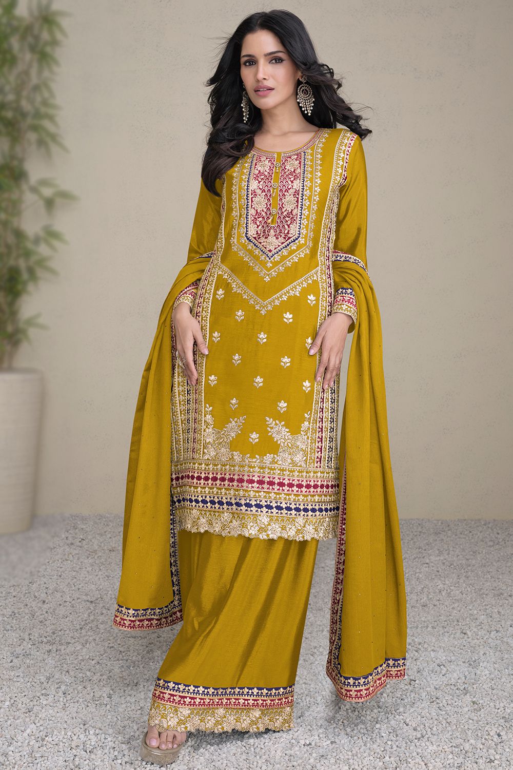 Mustard Yellow With Multicolor Thread Work Embroidered Silk Sharara Suit