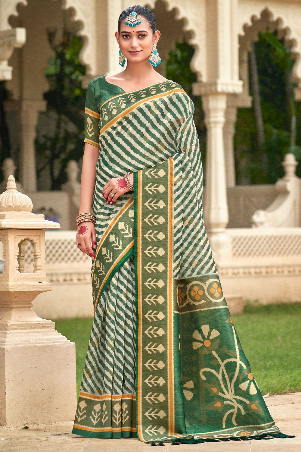 Bottle Green Printed Organza Silk Saree