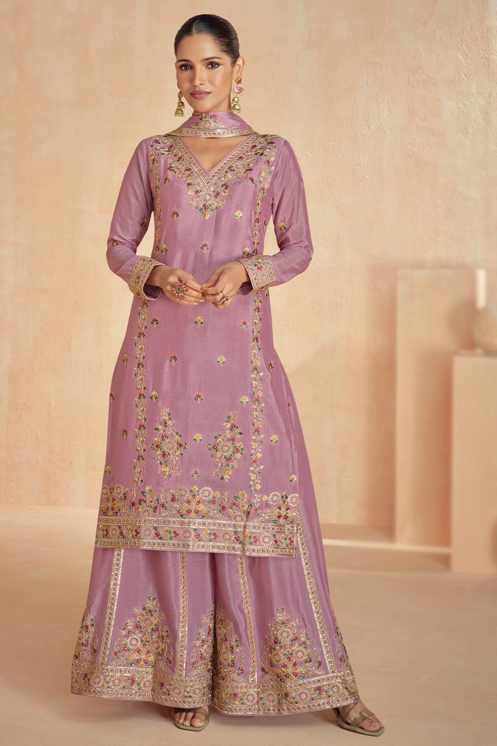 Mauve With Multicolor Thread Work Embroidered Silk Sharara Suit