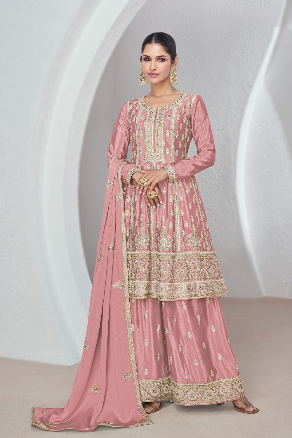 Peach Embroidered Silk Sharara Suit