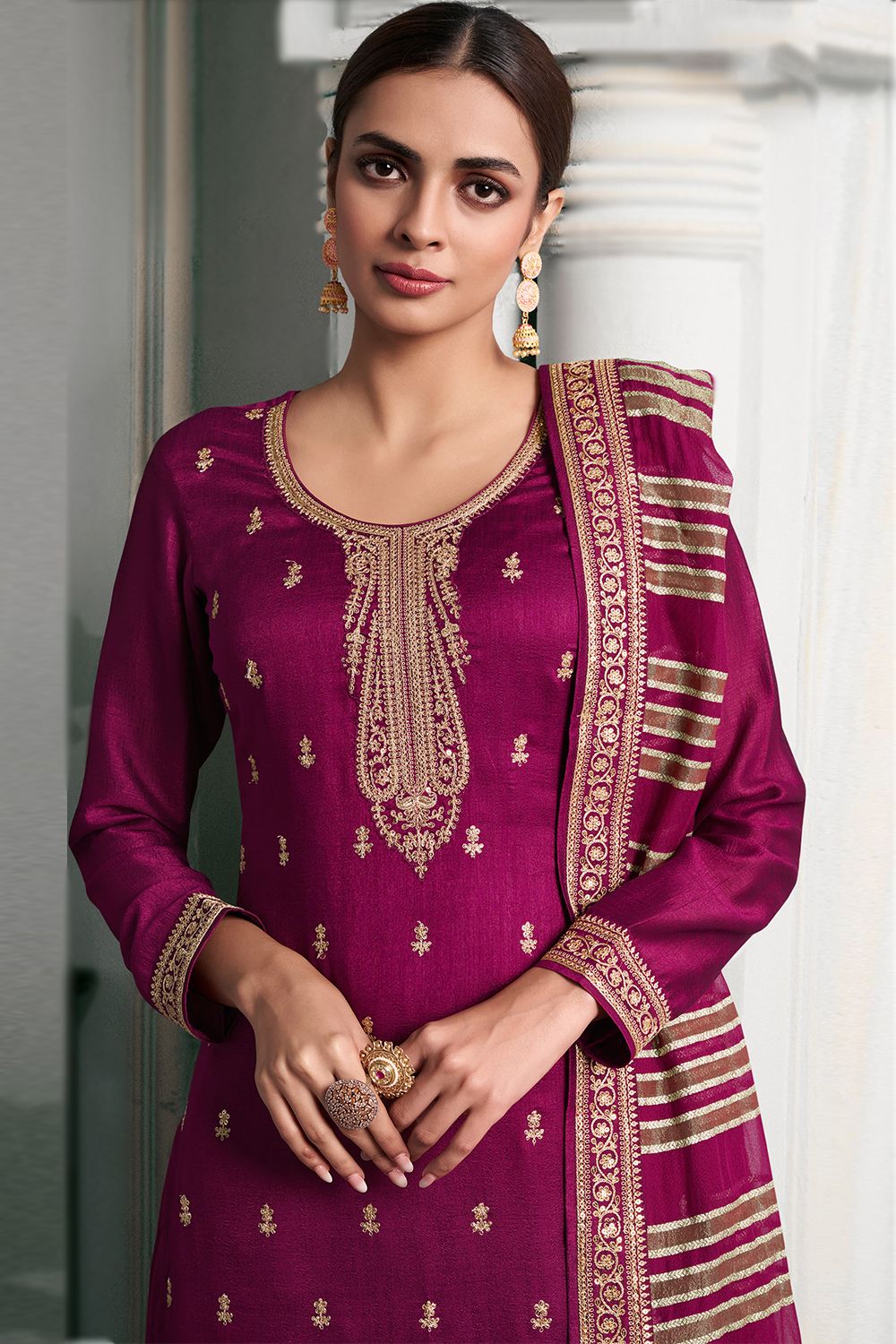 Wine Red Georgette Silk Embroidered Palazzo Suit