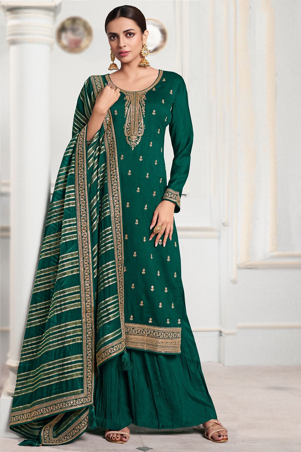 Dark Green Georgette Silk Embroidered Palazzo Suit