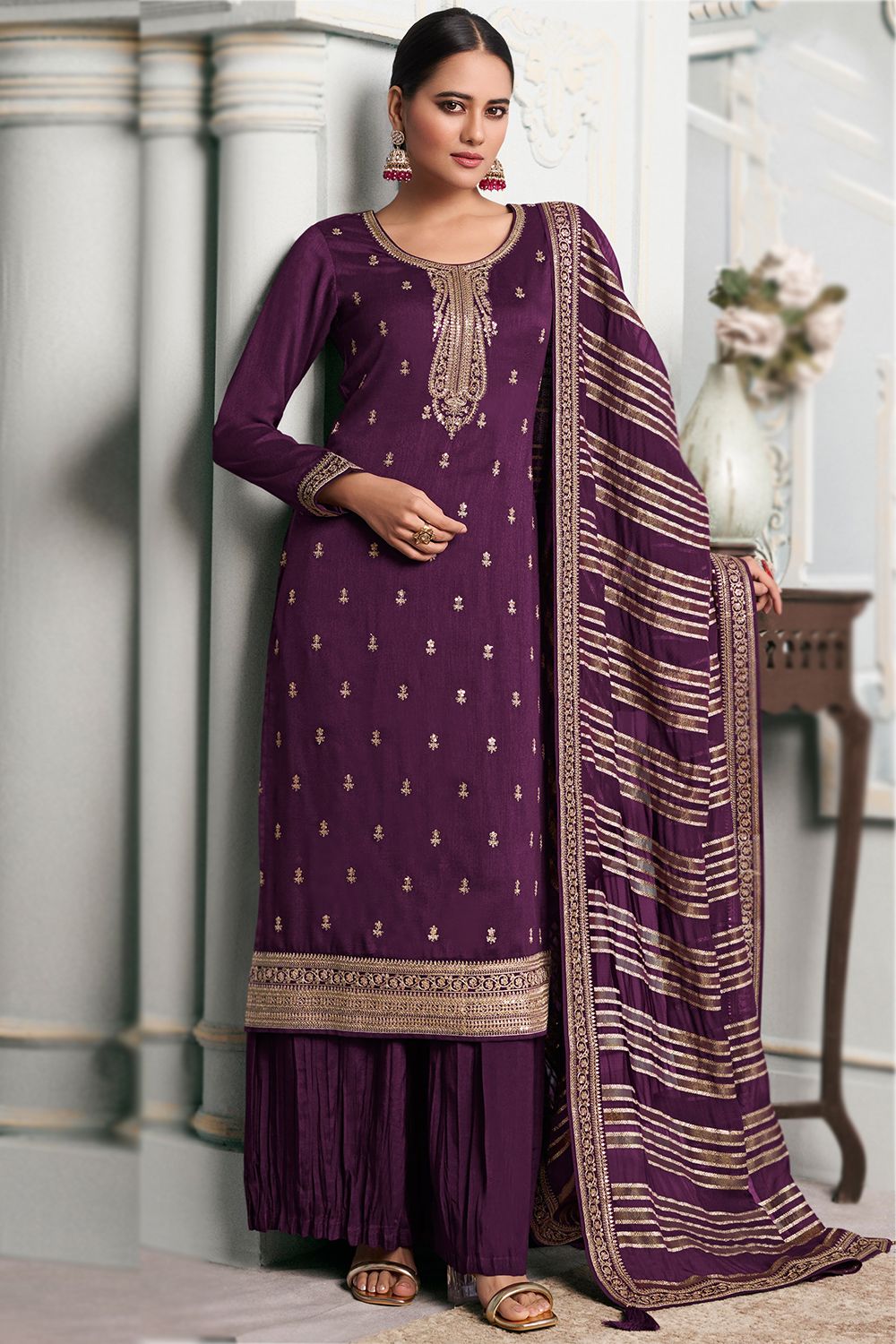 Dark Purple Georgette Silk Embroidered Palazzo Suit