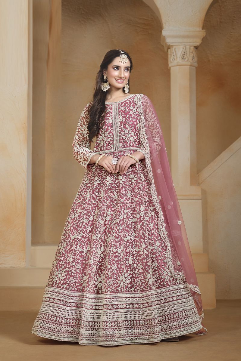 Dusty Pink Net Heavy Embroidered Anarkali Suit