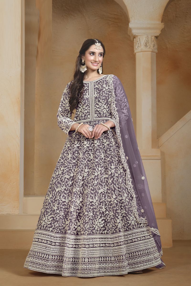Lilac Blue Net Heavy Embroidered Anarkali Suit