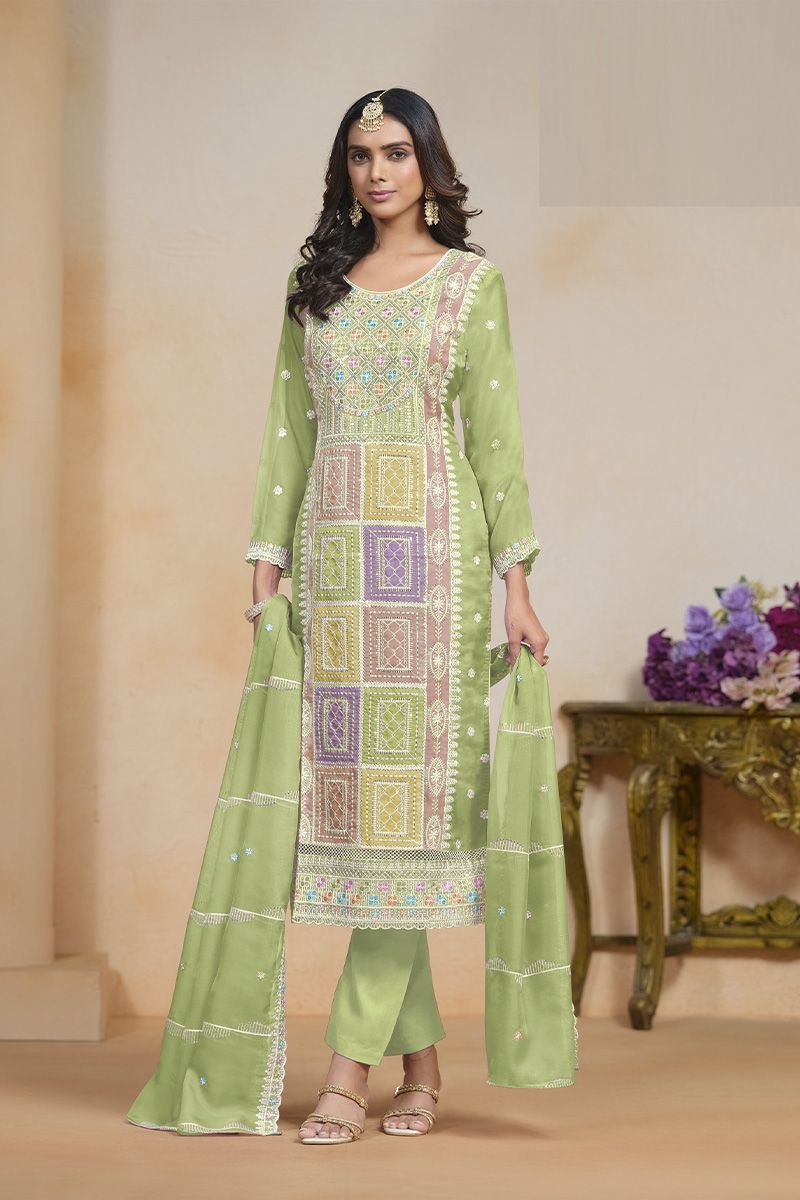 Pistachio Multicolor Embroidered Organza Trouser Suit