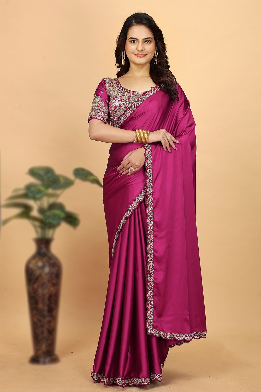 Magenta Pink Embroidered Satin Saree