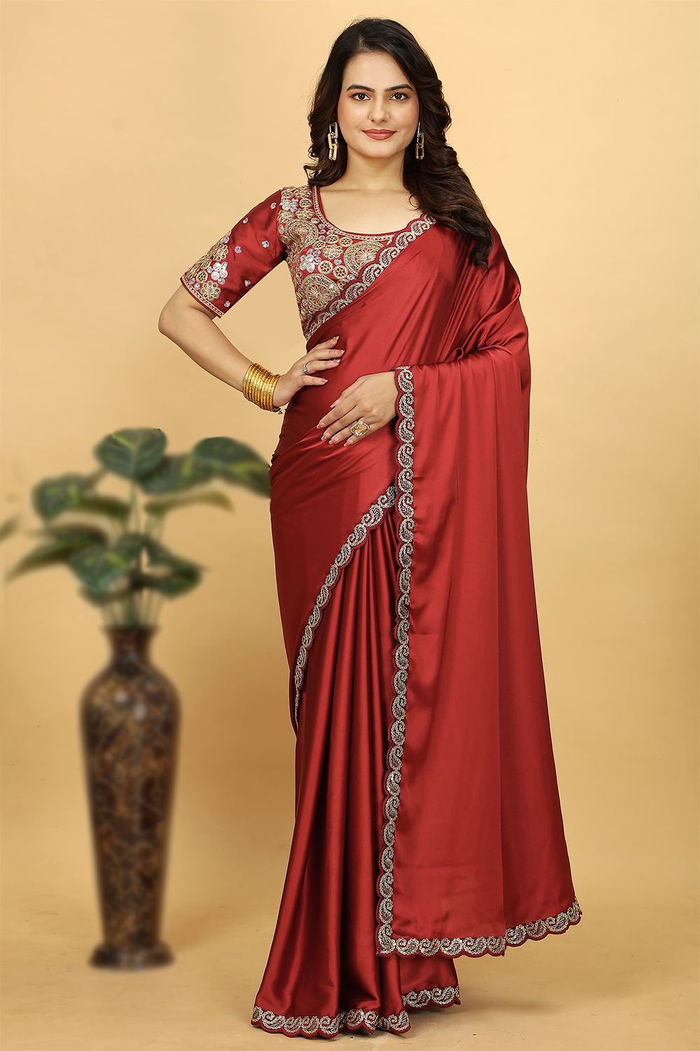 Red Embroidered Satin Saree