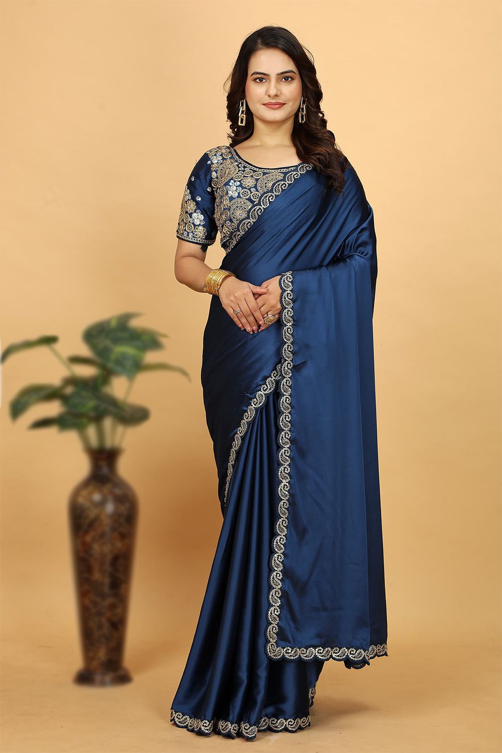 Navy Blue Embroidered Satin Saree