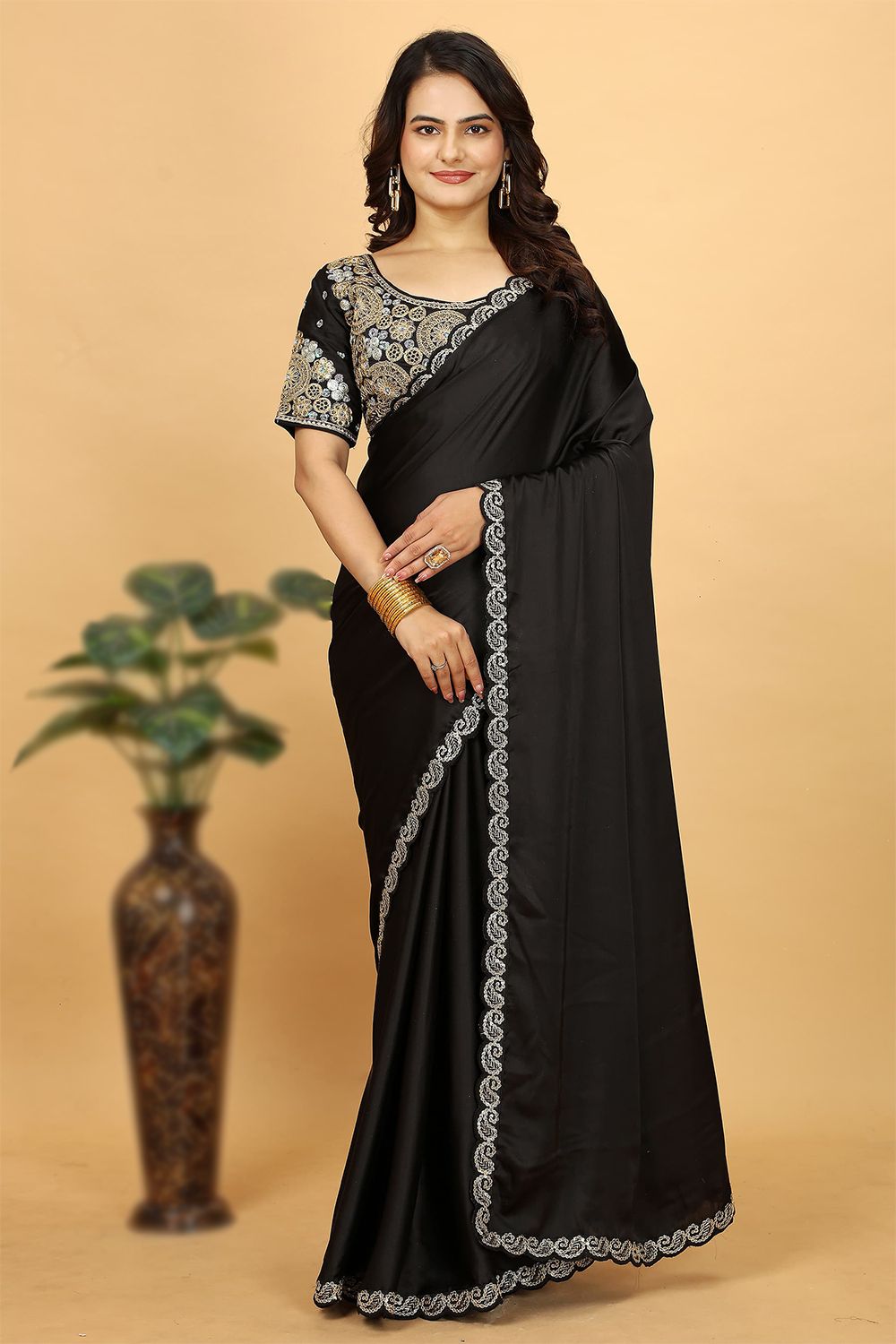 Black Embroidered Satin Saree